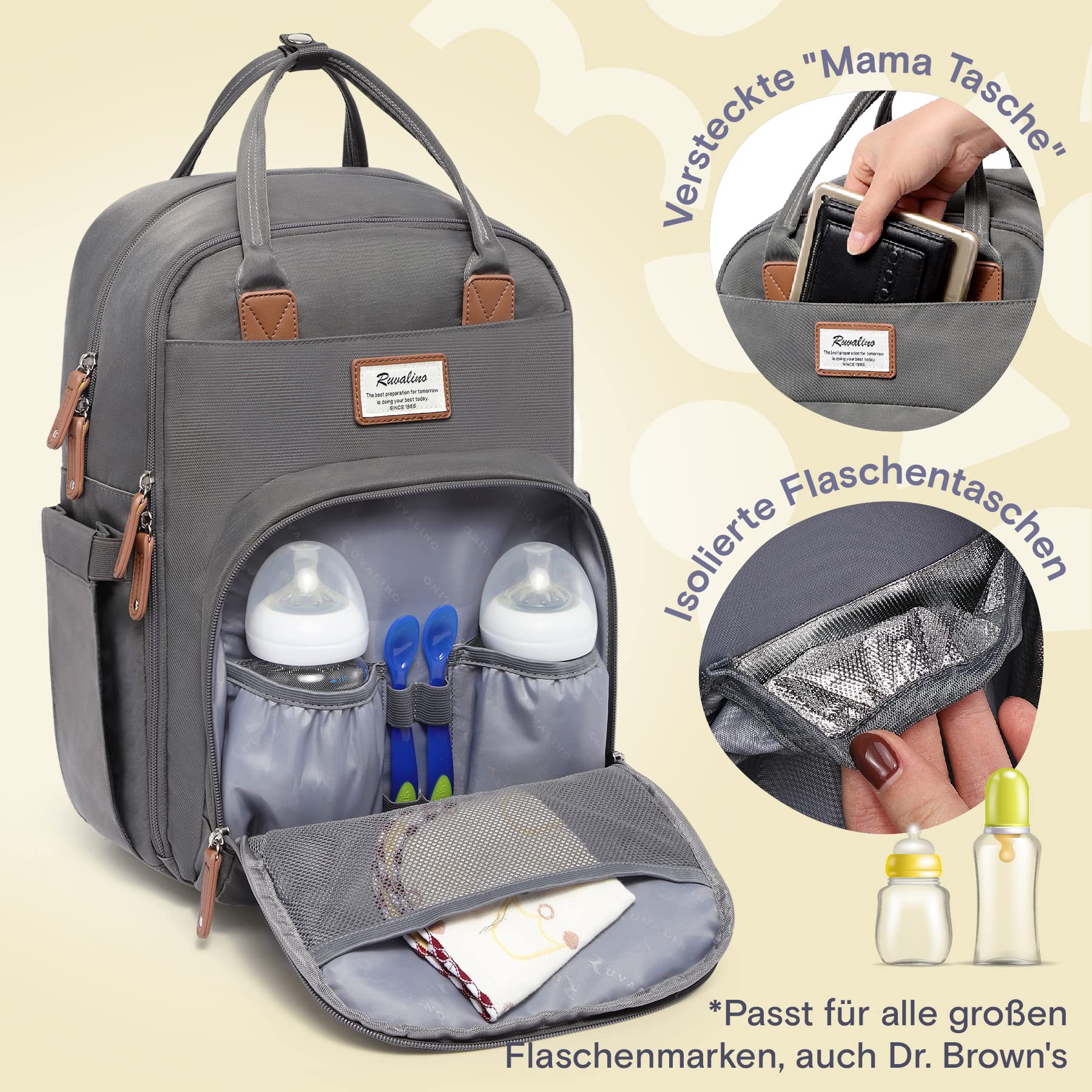 RUVALINO Baby Wickelrucksack, Multifunktional Wickeltasche Reise Rucksack Große Kapazität Babytasche mit Wickelunterlage, Wasserdicht Stoffe, Passform für Kinderwage