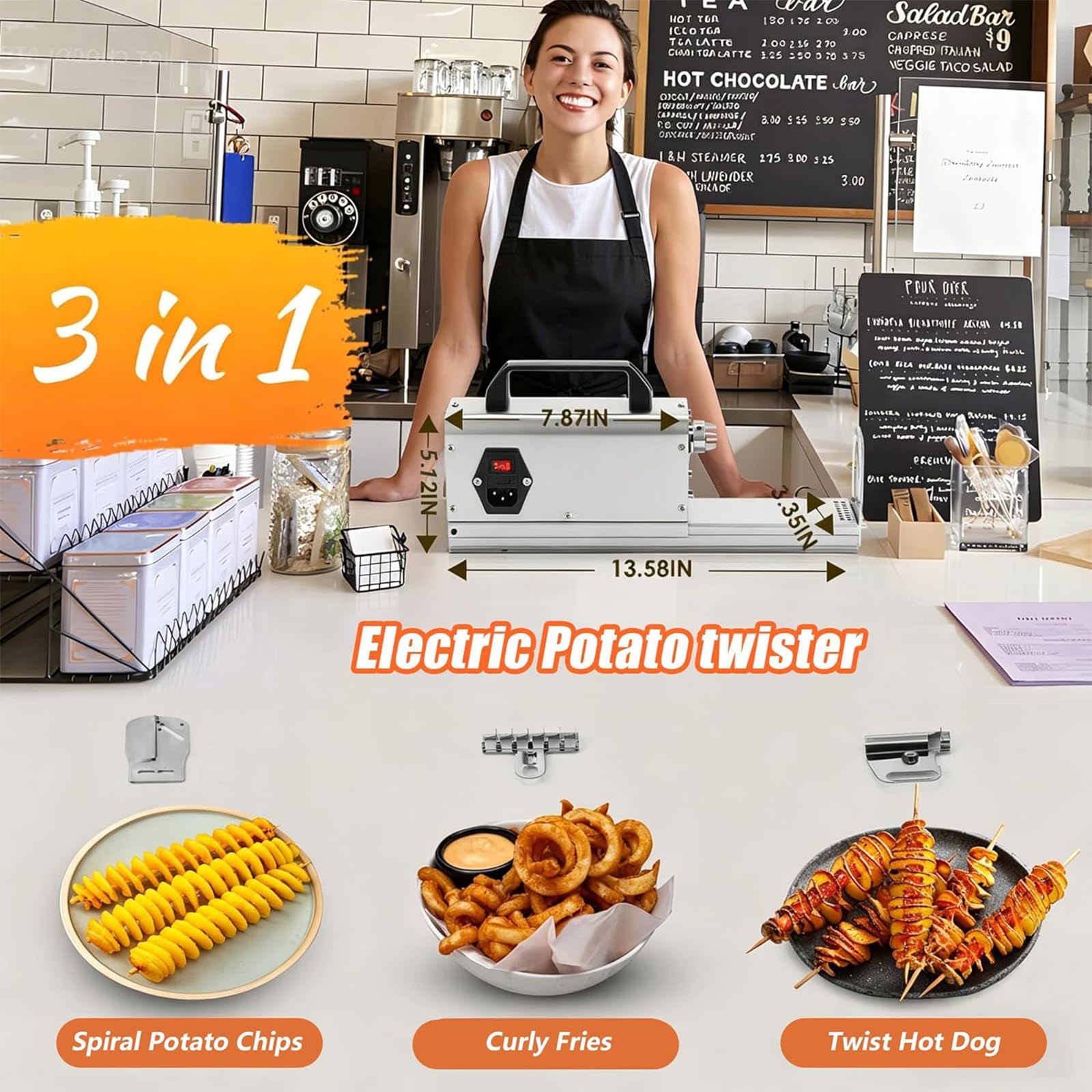 Cortador de papas fritas eléctrico, rebanadora de espiral de papa comercial | varilla de empuje fija, mango ergonómico, cuchilla afilada de acero inoxidable reemplazable, zanahorias, pepinos, perro ca