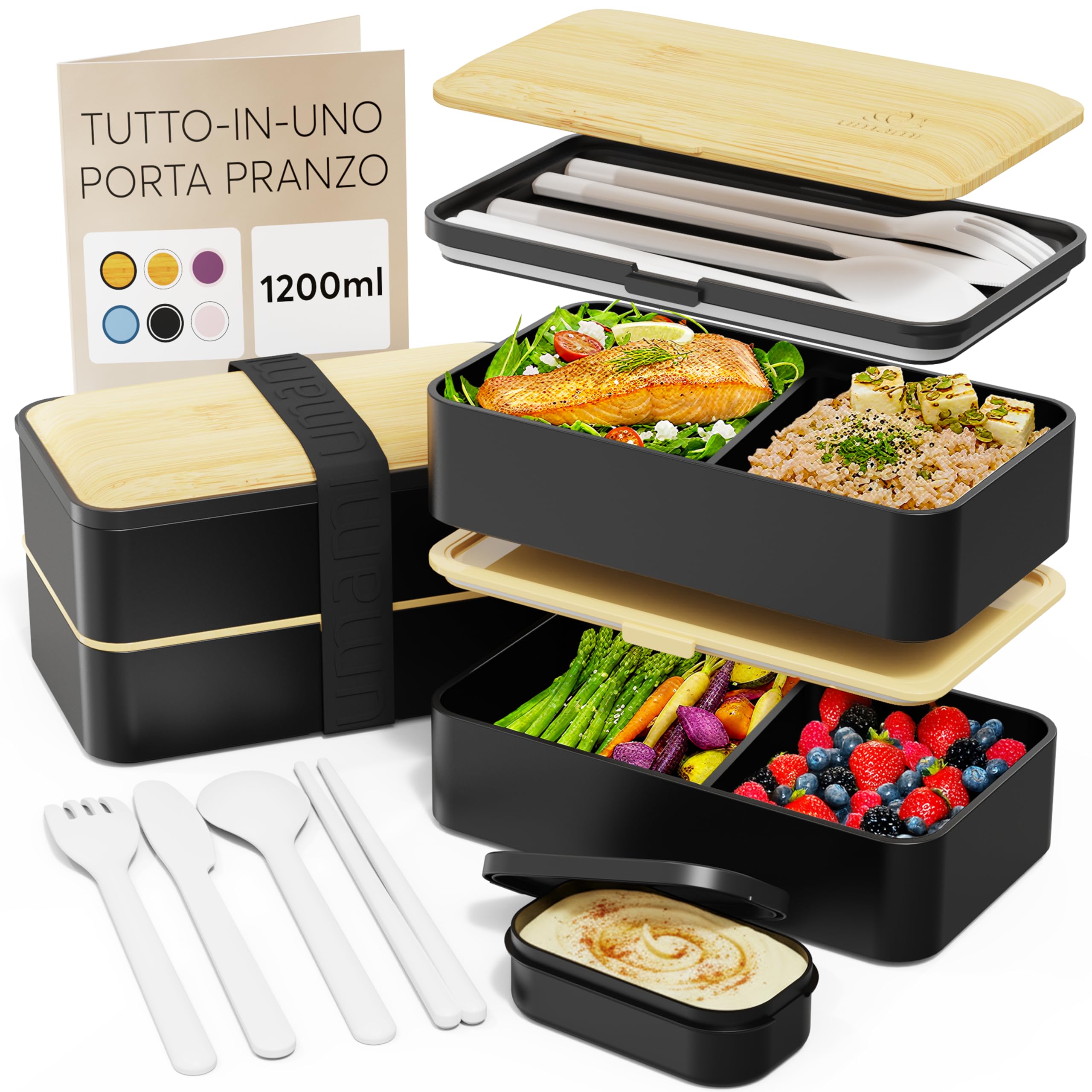 Umami Porta Pranzo Lunch Box Ermetico 4 Scomparti e Posate, Sicuro per Microonde, Lavastoviglie, Portapranzo Ufficio Bento Lunchbox Prova di Perdite per Adulti Schiscetta Pranzo, Nero E Beige, 1200 ml