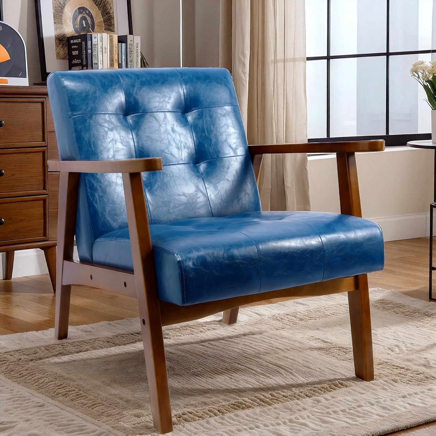 Sillón Retro de Madera Maciza para Salón - Tapizado con Reposabrazos, Marco Medieval - Diseño de Piel Sintética y Roble para Dormitorio, Café, Balcón(Azul)