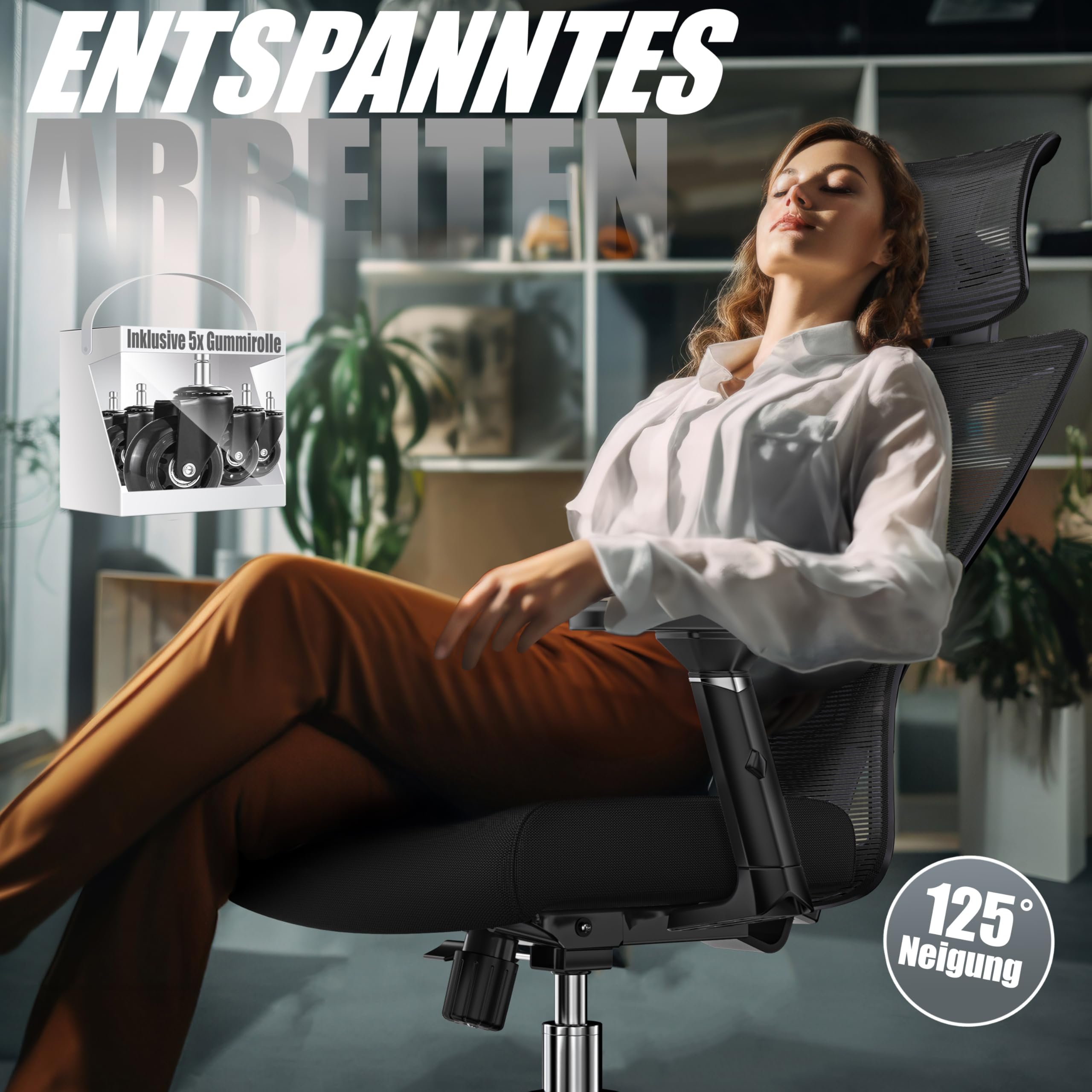 KESSER® Bürostuhl Ergonomisch mit verstellbaren Armlehnen | Drehstuhl mit Lendenwirbelstütze Rückenschonend | Schreibtischstuhl mit Kopfstütze | Office Chair Wippfunktion bis 125° mit 5X Gummirollen