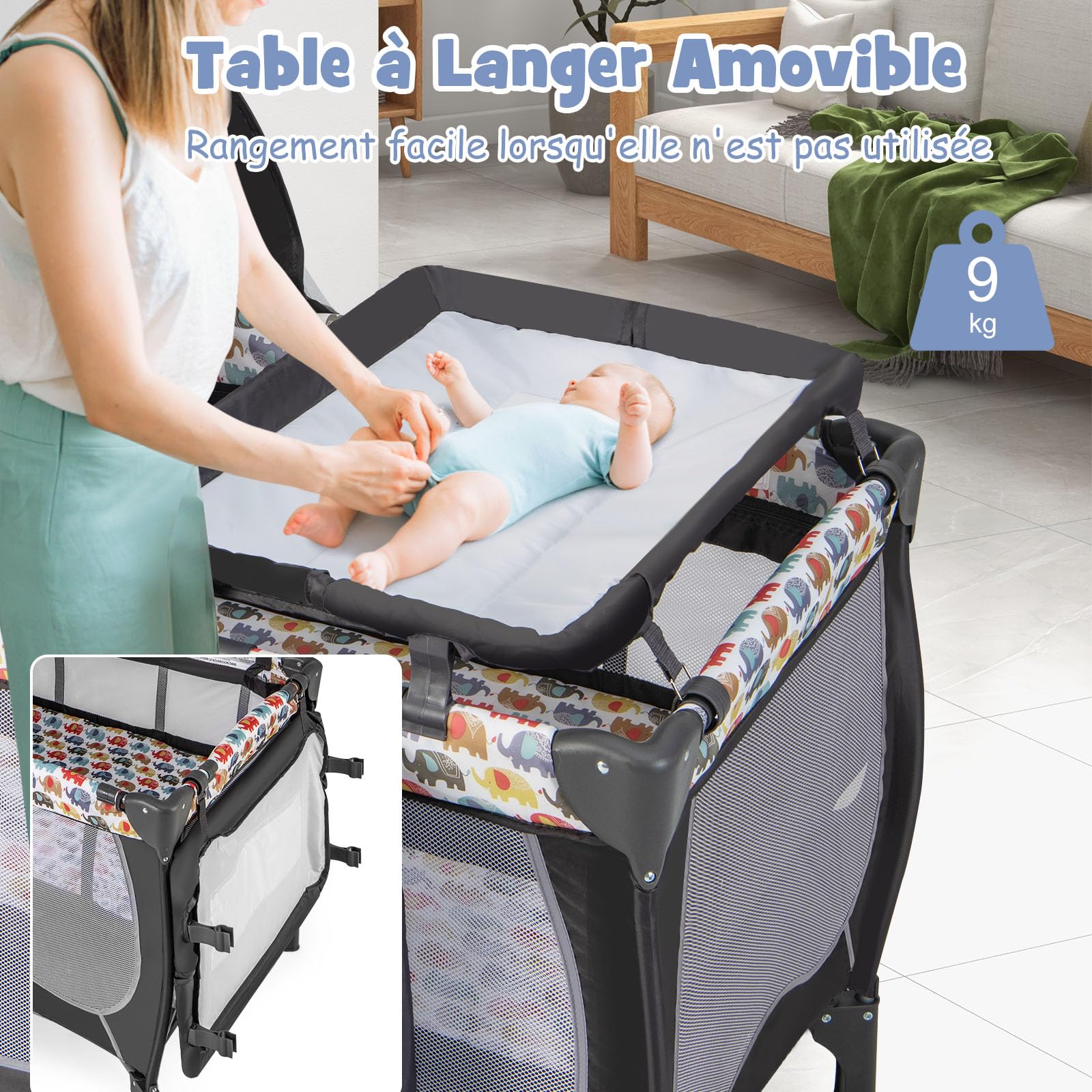 COSTWAY 5 en 1 Lit Parapluie Bébé avec Matelas & Moustiquaire, Lit Bébé Evolutif avec Table à Langer, 3 Jouets Mignons & Boîte à Musique, Sac de Transport, Charge 9kg pour 0-36 Mois