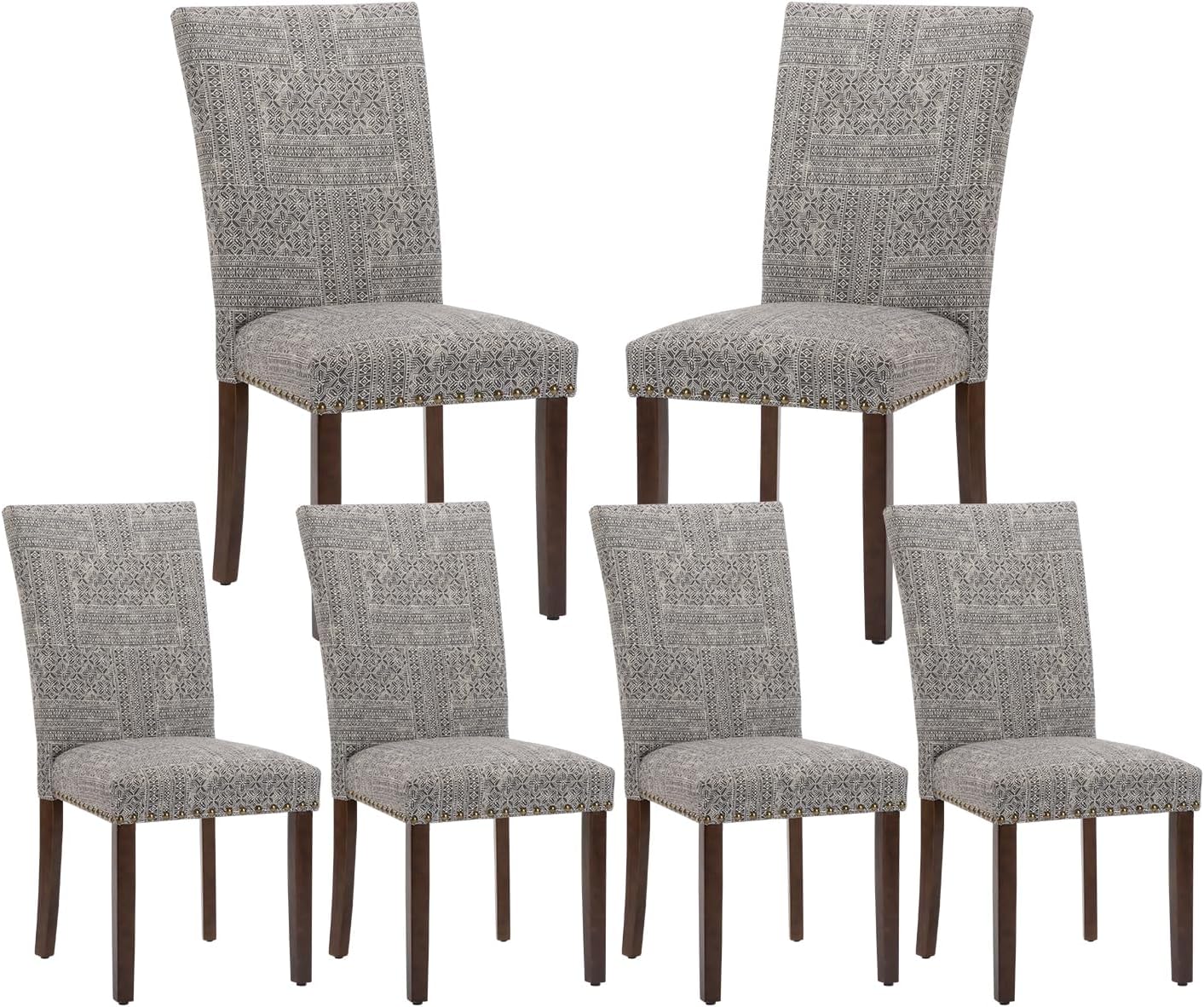 Upholstered Parsons Dining Chairs Set of 6, Fabric Dining Room Kitchen Side Chair with Nailhead Trim and Wood Legs - Boho