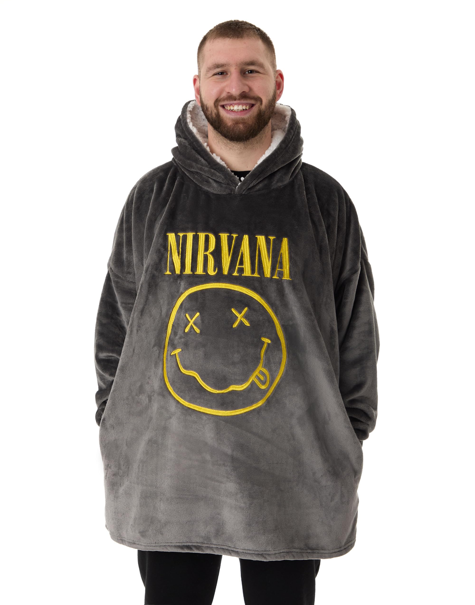 Nirvana Felpa con Cappuccio Coperta indossabile da Uomo | Pullover con Cappuccio Grigio per Adulti con Stampa Grafica del Volto del Logo Abbigliamento da casa Rock Band Foderato in Sherpa