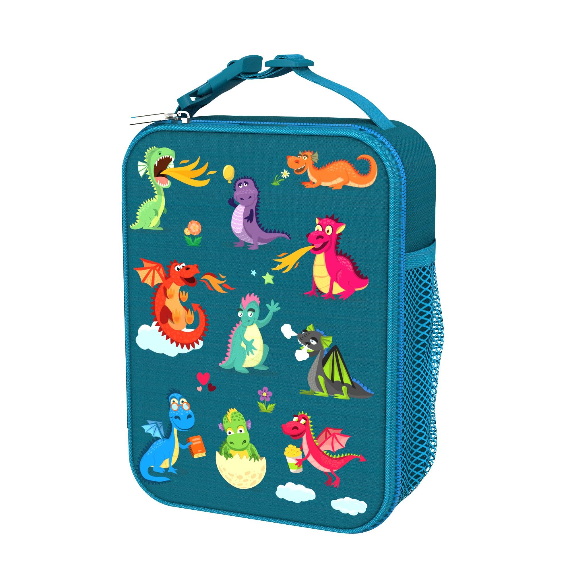 Ion8 Dragons Lunch Bag, Easy Access 3-Sided Zip, Write-On Name Patch, Freshness & Insulation for 6 Hours, Elasticated Mesh Pocket for Bottles, Machine Washable, Polyester Material
