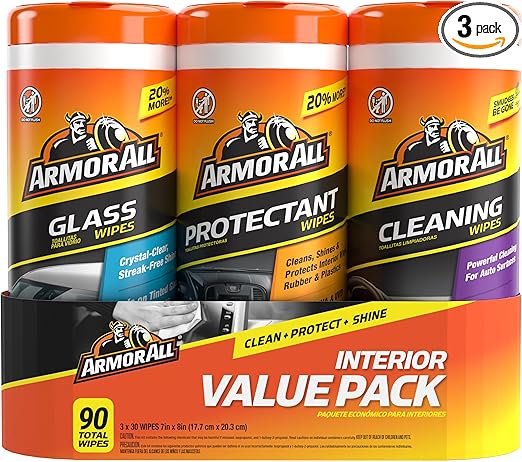 Armor All Protectant, Glass and Cleaning Wipes, Wipes for Car Interior and Car Exterior, 30 Count Each (Pack of 3)