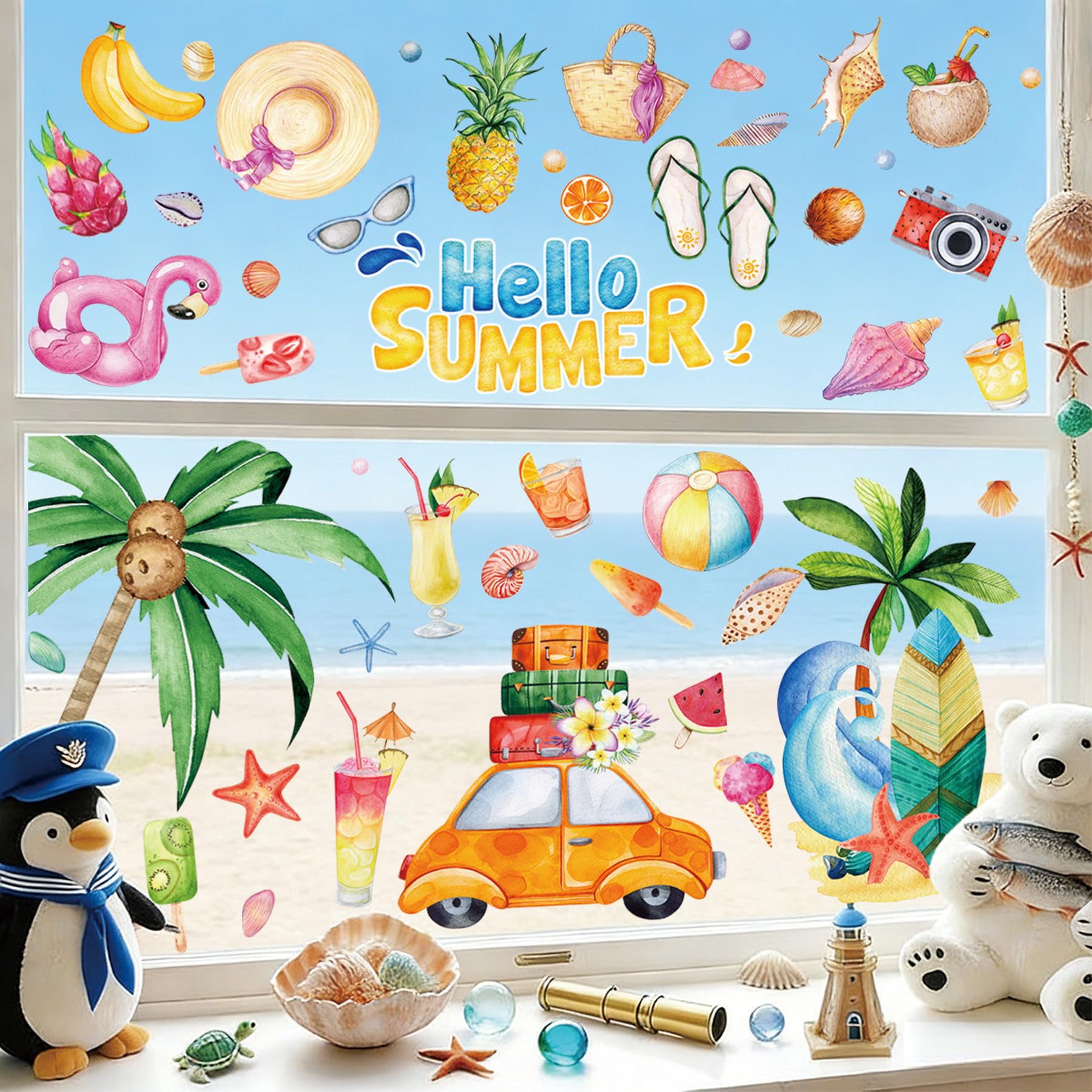RAORAOYUE Summer Window Clings, Tropical Beach Removable Glass Stickers