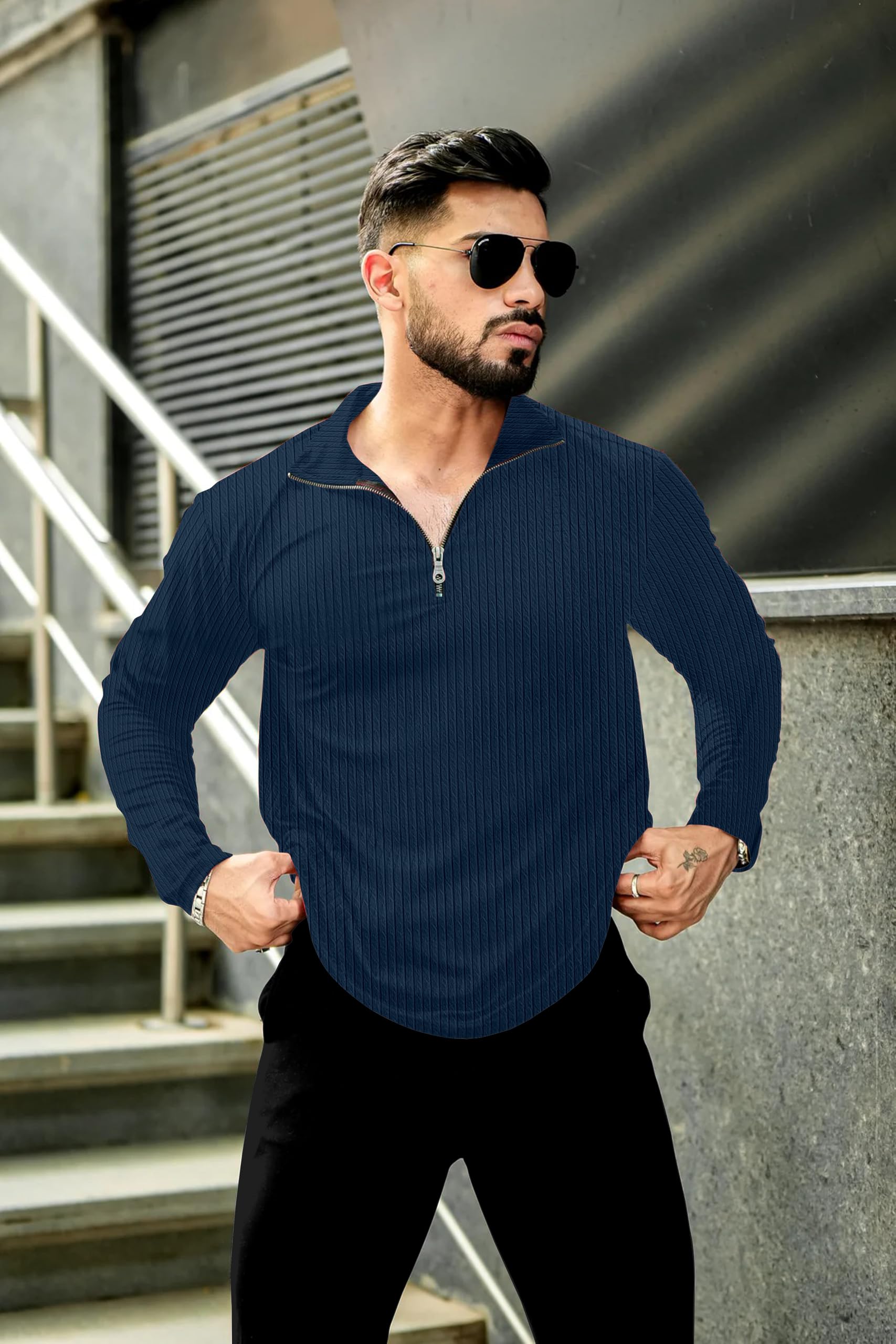 KAJARU Men's Quarter Zip Pullover T-Shirt, Cable Knit Pattern, Full Sleeve (in, Alpha, XL, Airforce) - Image 6 thumbnail
