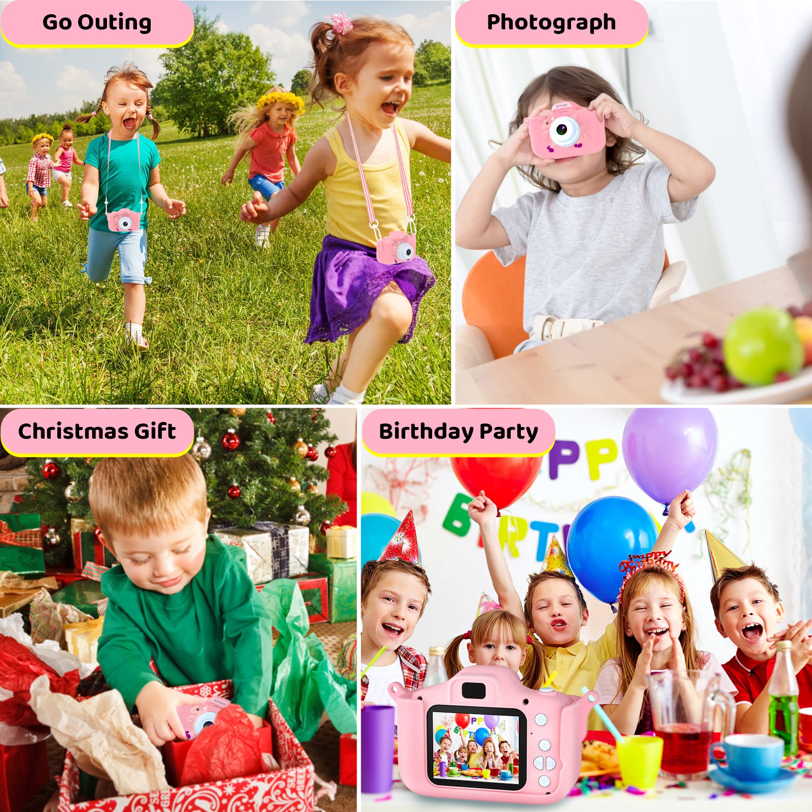 ASTGMI Camara Fotos Infantil, 1080P HD Camara de Fotos para niños, Juguetes de cámara Fotos niños, Regalo cumpleaños para niña de 3 4 5 6 7 8 9 10 años, con Tarjeta SD de 32 GB (Rosa)