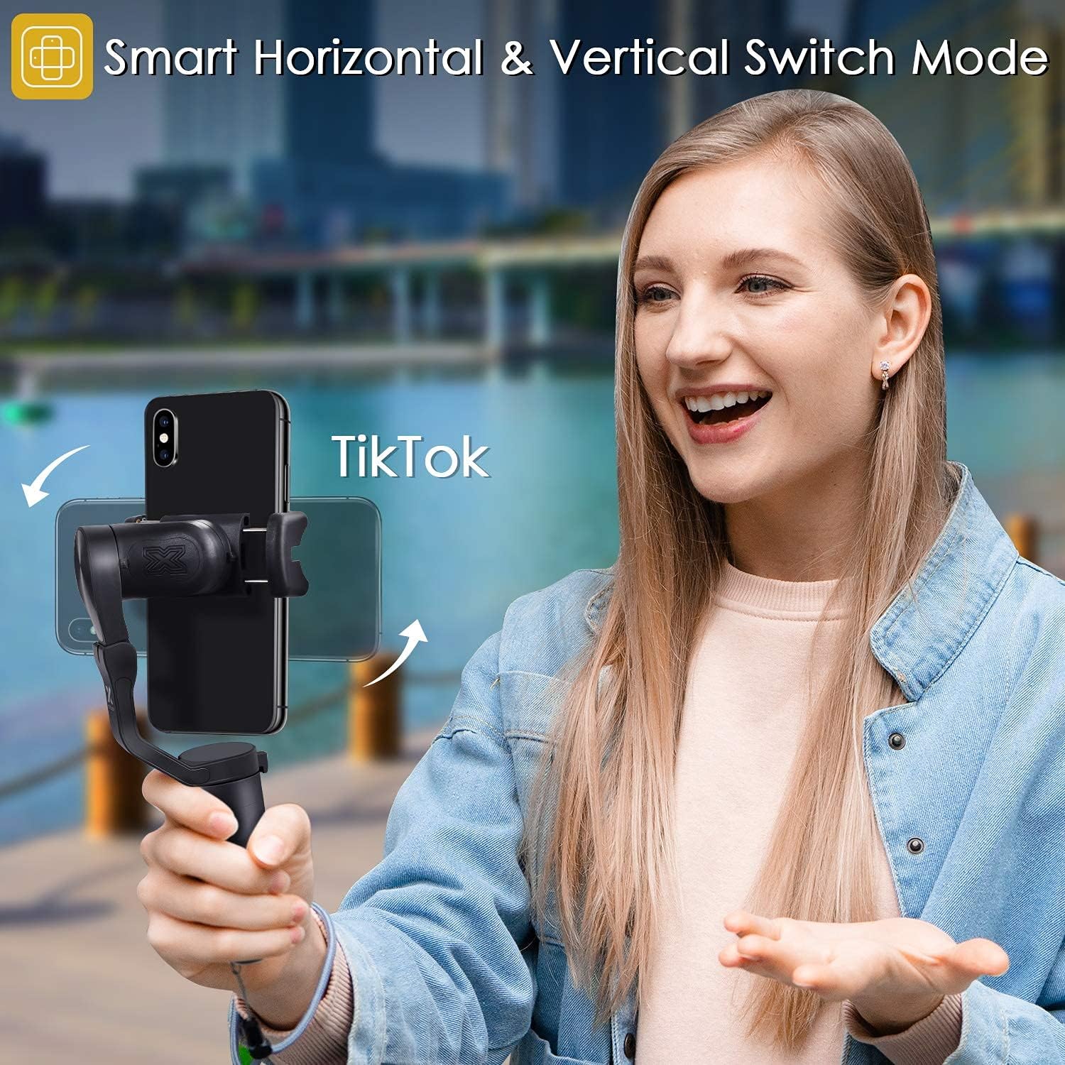 Smartphone mounted on gimbal switching between horizontal and vertical modes.