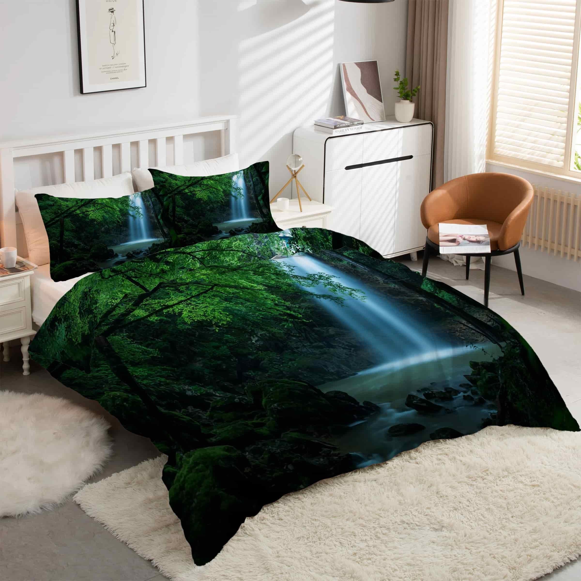 Housse de couette 240 x 260 cascade forêt ensemble literie 3 pièces avec taies d'oreiller microfibre
