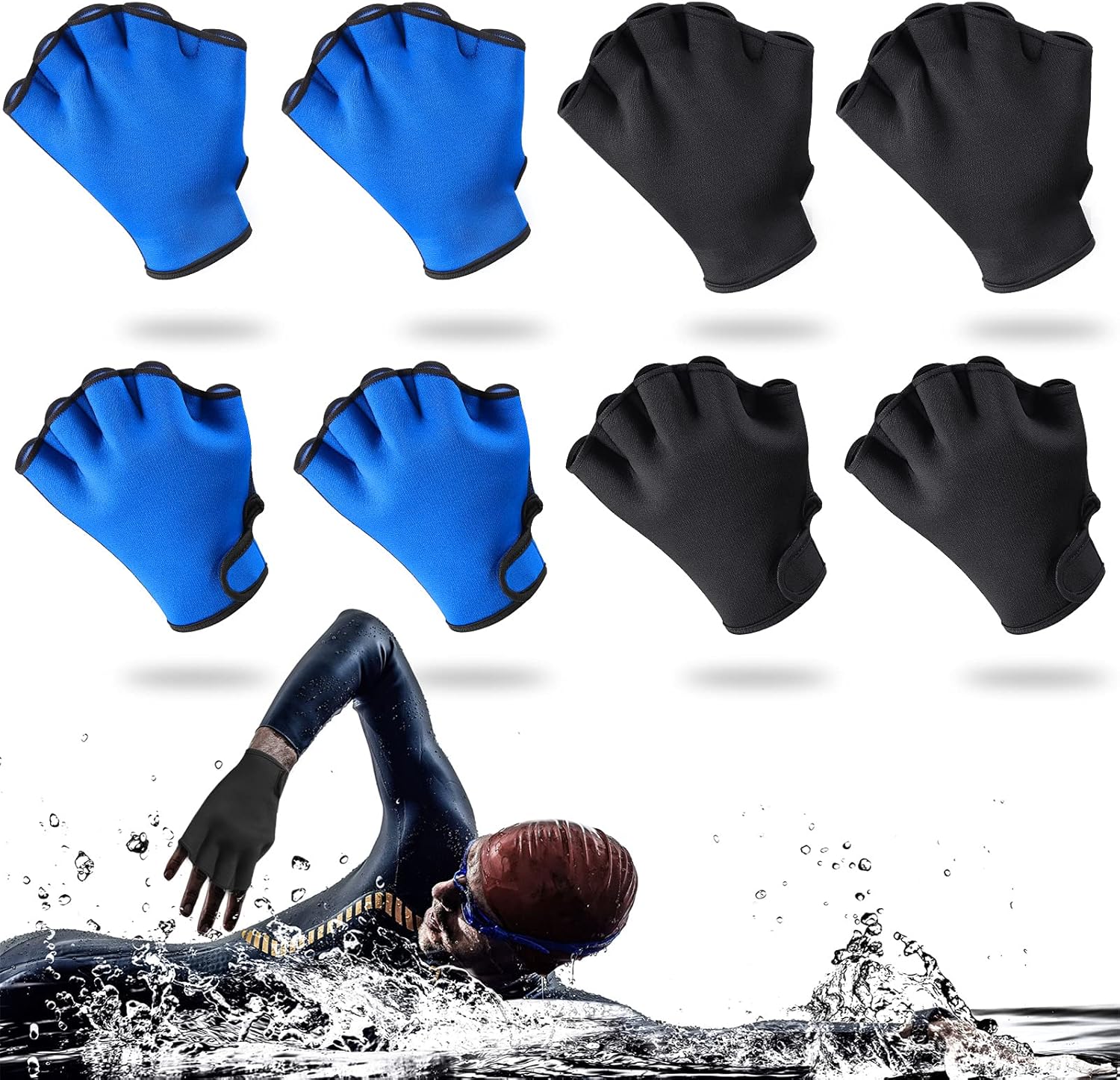 Skylety 4 Pairs Swimming Gloves Swim Training Gloves Neoprene Gloves Webbed Swim Gloves for Helping Upper Body Resistance for Men Women Diving Surfing Pool Exercise (Black, Blue, L) : Sports & Outdoors