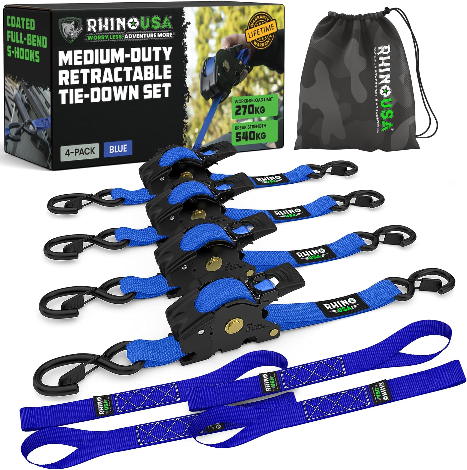 Rhino USA Retractable Ratchet Tie Down Straps (4PK) - 1,209lb Guaranteed Max Break Strength, Includes (4) Ultimate 1" x 10' Autoretract Tie Downs with Padded Handles. Use for Boat, Securing Cargo