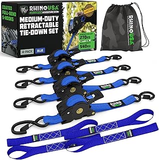 Retractable Ratchet Straps (4-Pack) - 1 Inch x 10 Feet (1,209lb Break Strength) - Auto Self Retracting Tie Down Straps for Truck, Cargo Trailer, Motorcycle, ATV, UTV - Blue