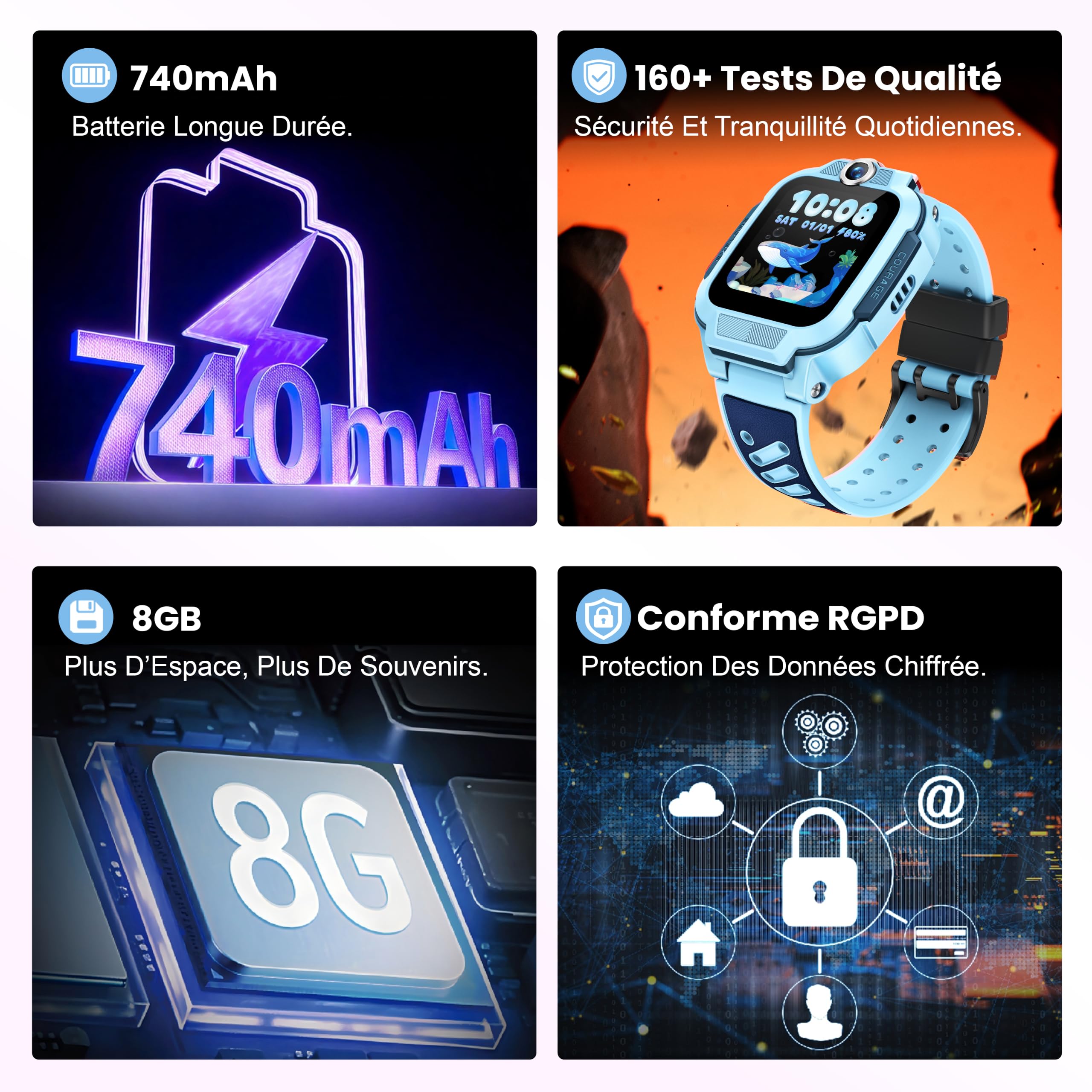 imoo Z3 Montre Connectée Enfant GPS, Montre Intelligente Enfant Carte Sim & 4G, Téléphone & Appel Vidéo, IP68 Étanche, SOS, Podometre, Mode Classe-Smartwatch Enfant Cadeau Fille Garçon - Bleu