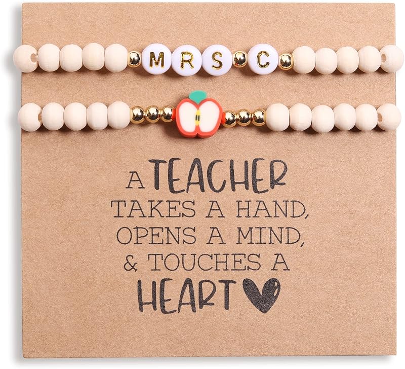 Personalized Teacher Bracelet, 2 Pieces, Initial + 'Mrs/Miss/Ms Teach'