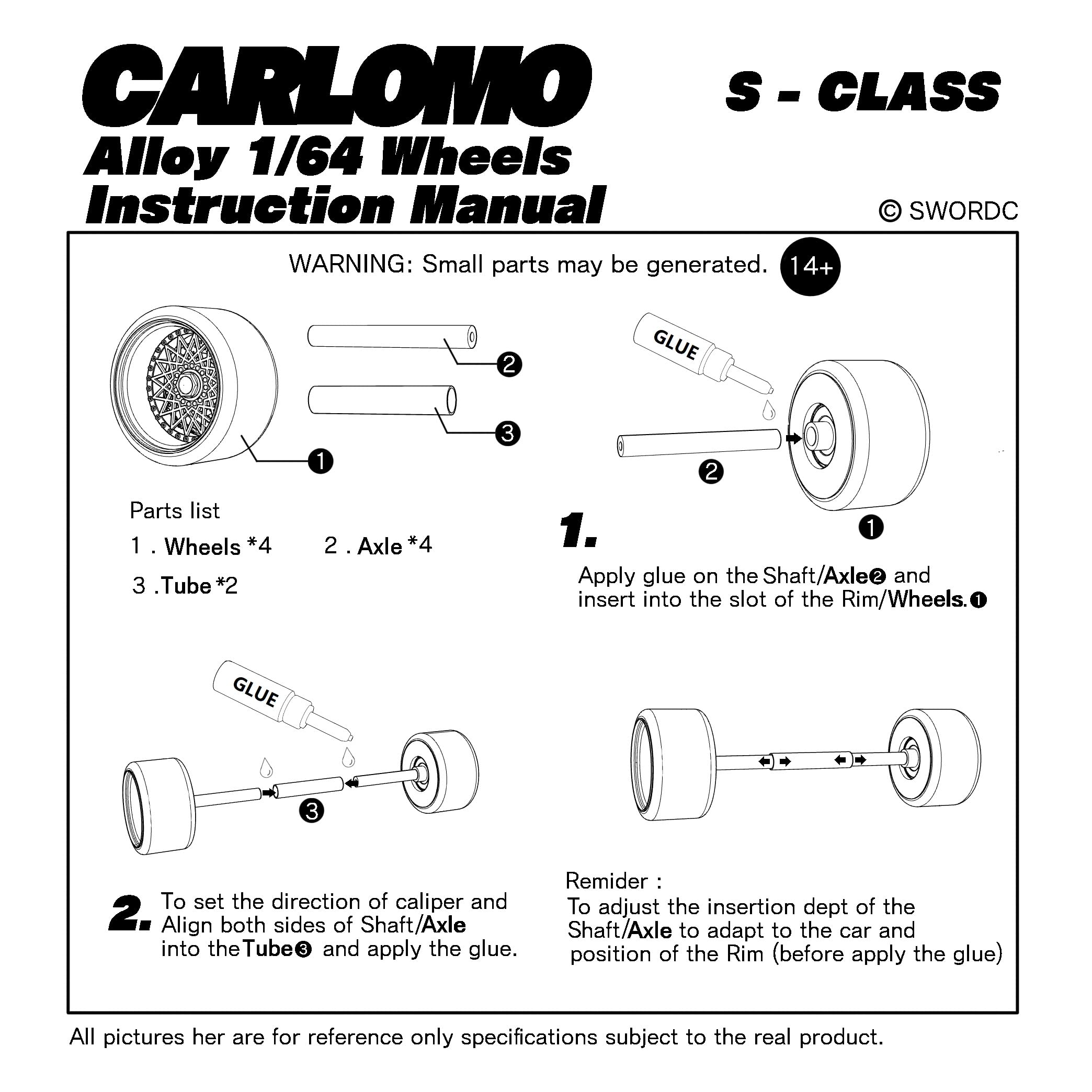 Carlomo 1/64 Scale N-Class Alloy Wheels and Rubber Tires with Axles Detail Up Kits (4pcs/1 Kit) Modified Parts for 1:64 Diecast Model Cars (N015)
