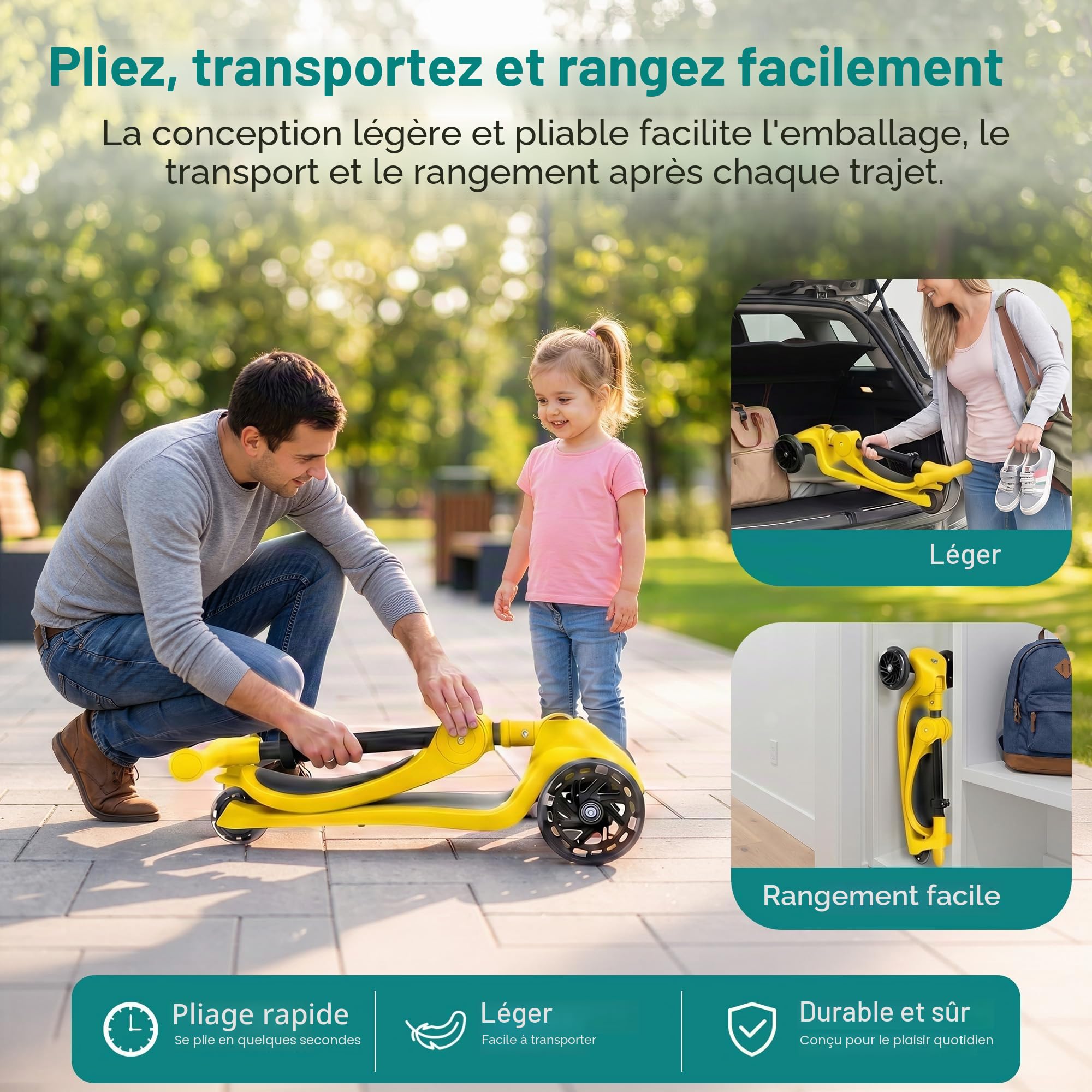 SereneLife Trottinette Enfant 2 en 1 avec Siège – 3 Roues Pliable, Hauteur Réglable, Roues LED