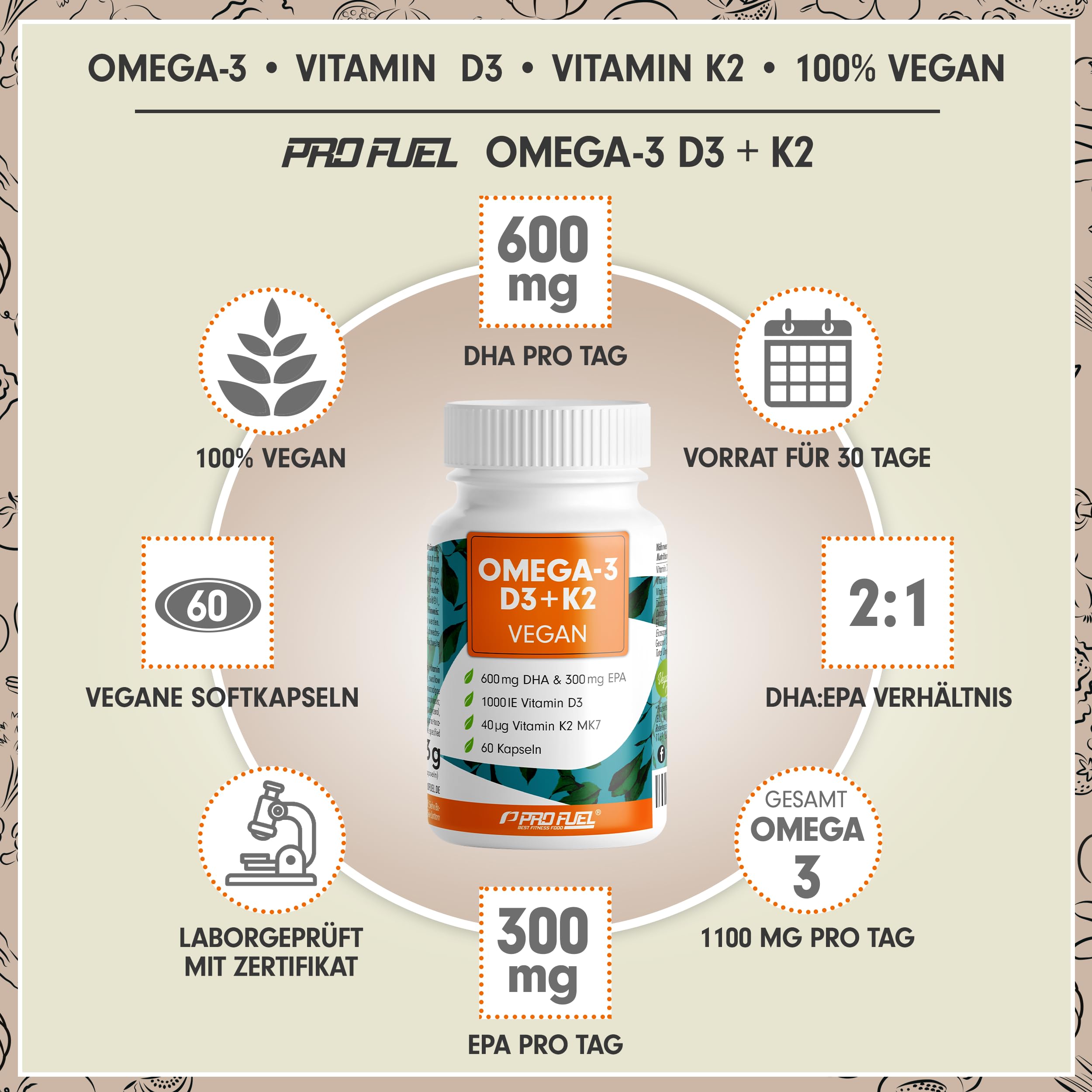 Omega-3 vegan + D3 & K2 (60x), 1100mg Algenöl mit 600mg DHA & 300mg EPA + 1000 IE Vitamin D3 + 40 µg Vitamin K2 - O3 D3 K2 vegan Essentials - Omega-3 Kapseln laborgeprüft mit Zertifikat