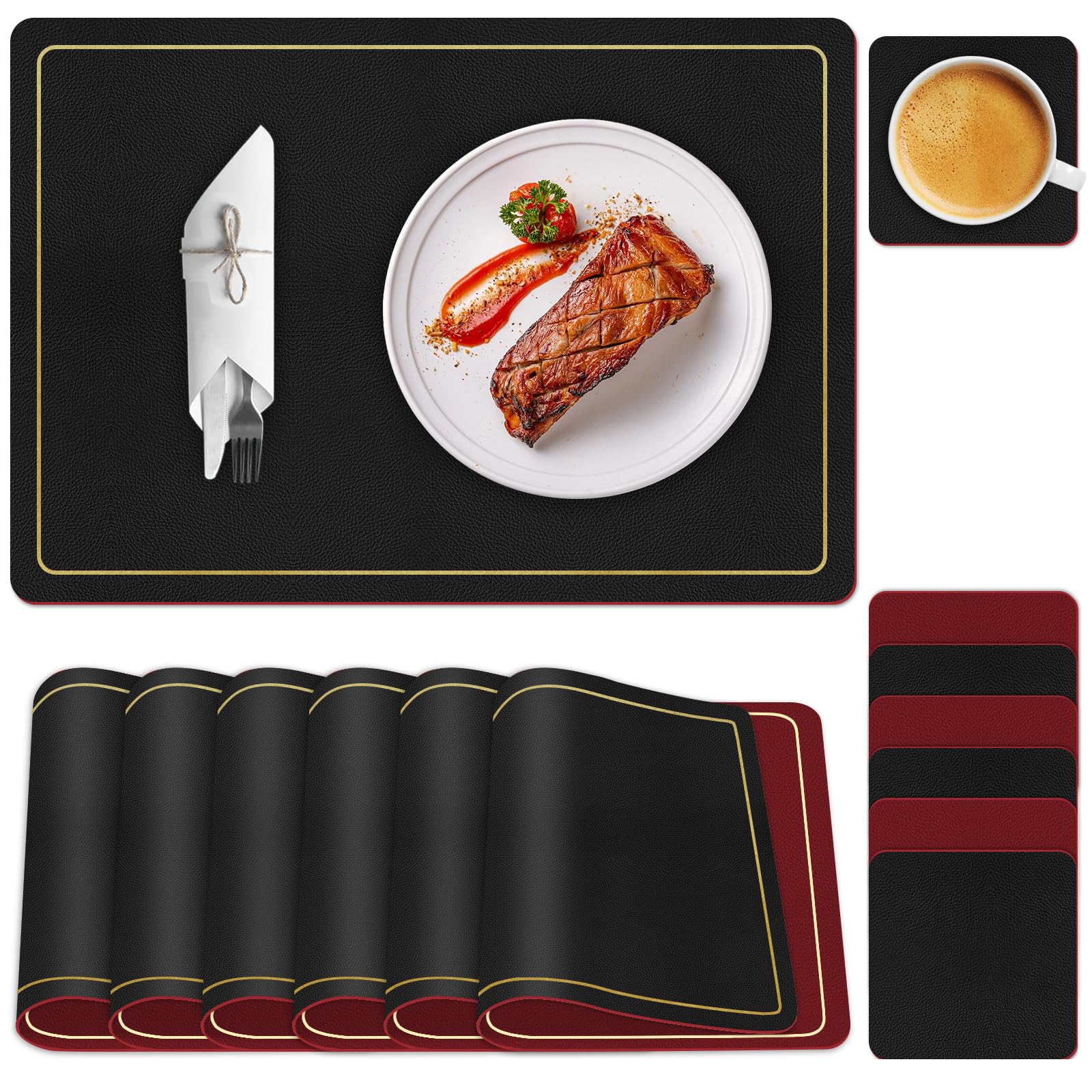 Placemats and Coaster Sets 6, Dual Sided PU Leather Heat-Resistant Table Mats Set of 6, Waterproof Wipeable Washable Dining Place Mats for Table 6, Christmas Placemat for Home Party (Black and Red)