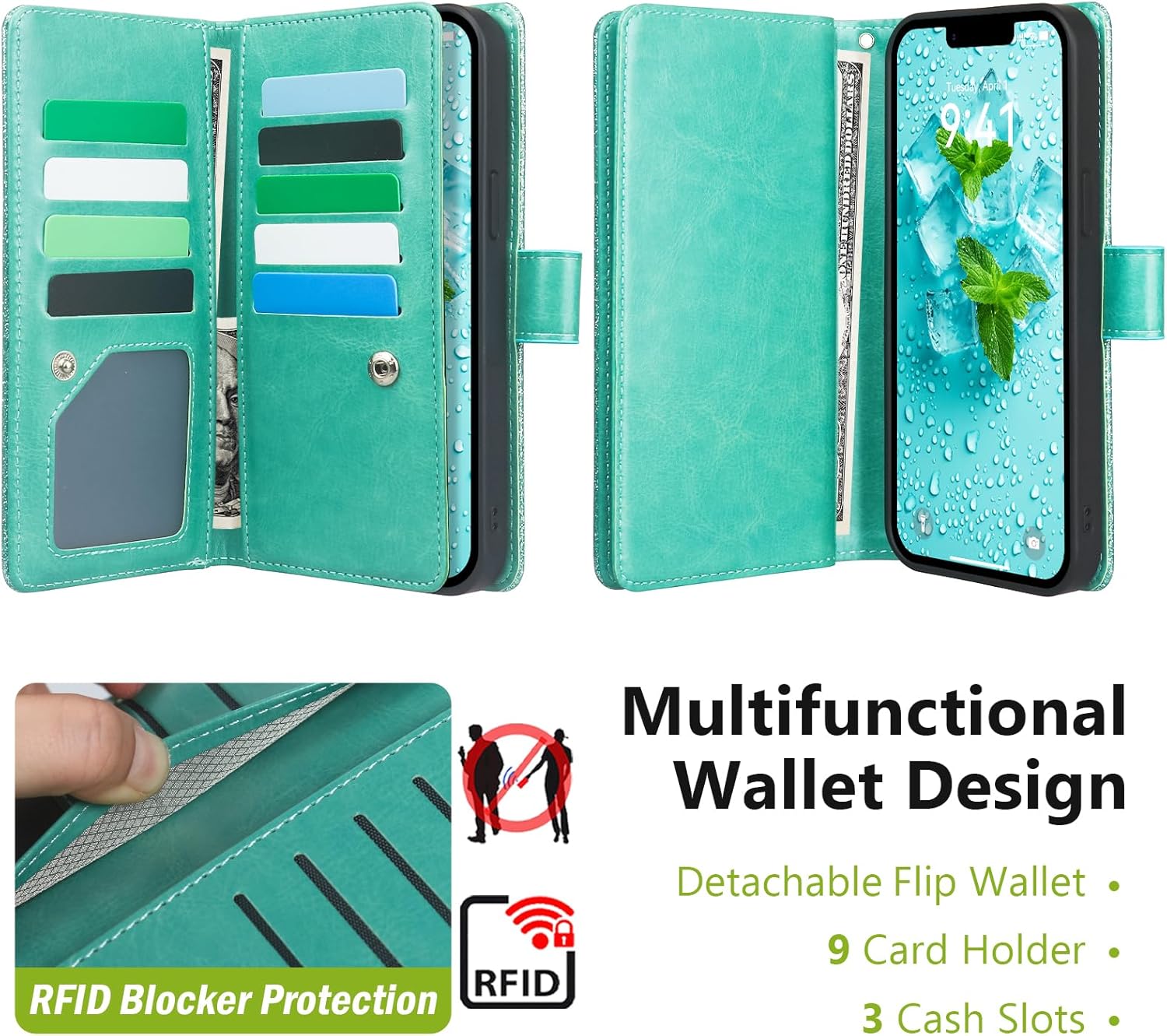 Varikke for iPhone 16e Wallet Case Detachable with RFID Blocking Card Holder for Women, Glitter PU Leather Wrist Strap Strong Magnetic Flip Wallet Removable Phone Case for iPhone 16e 6.1", Mint Green - Image 3