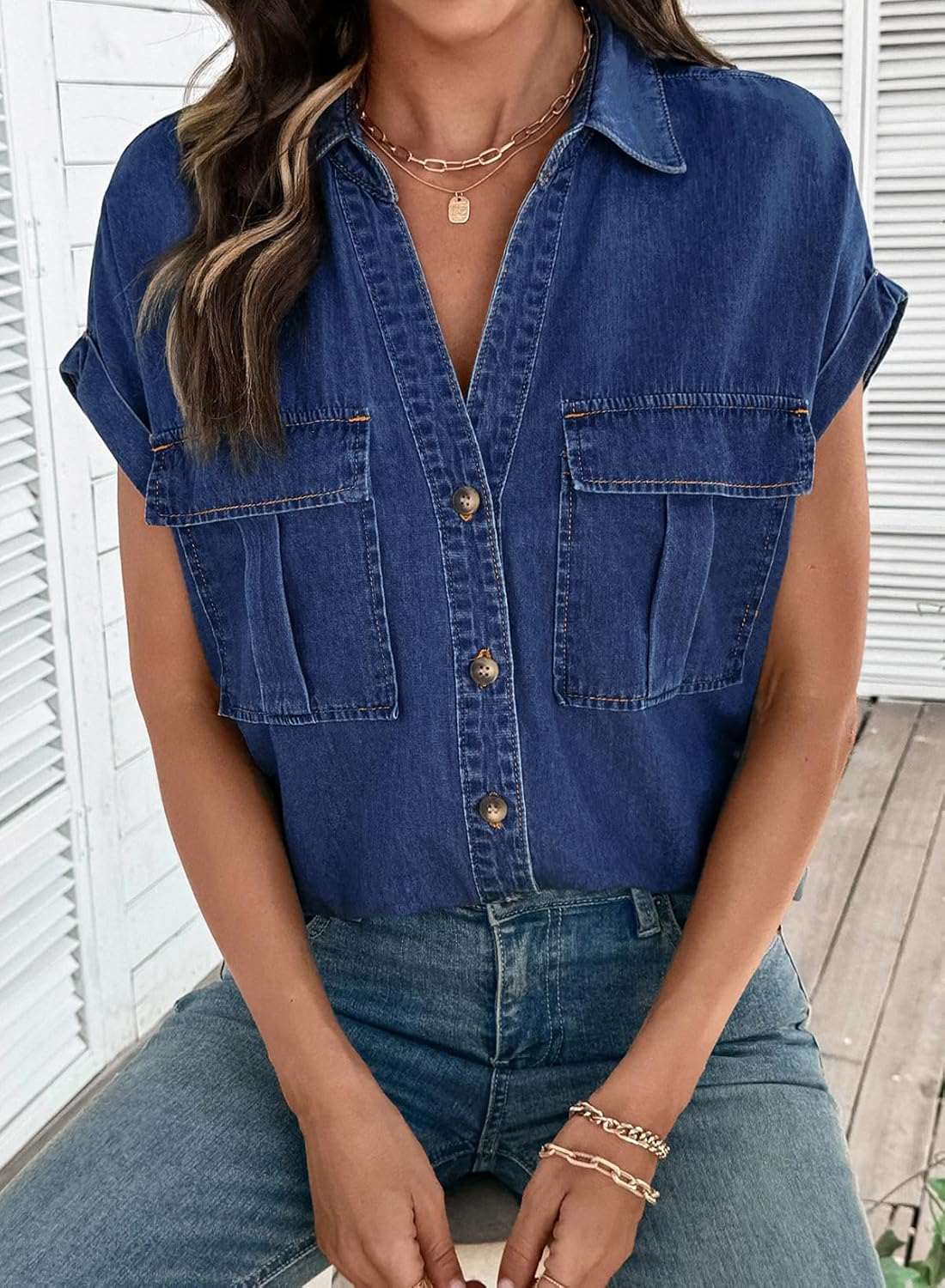 SIDEFEEL Women's Denim Shirt Button Down V Neck Short Sleeve Jean Shirts Trendy Casual Loose Fit Denim Tops - Image 6