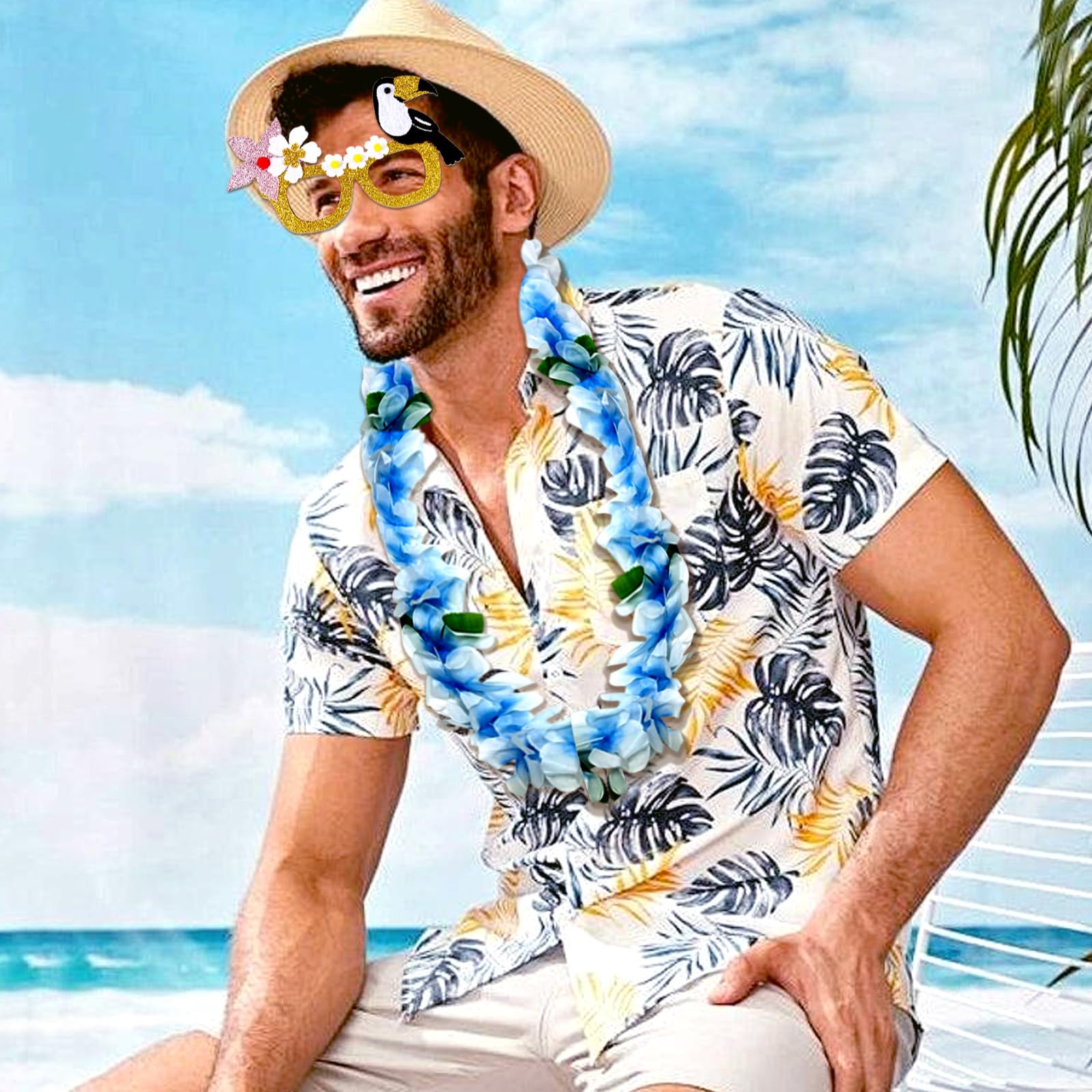 BSITSSS 6 PCS Hawaiian Party Accessories, Flower Flamingo Hawaiian Accessories, 3 PCS Funky Glasses+3 PCSHawaiian Garland - Image 3