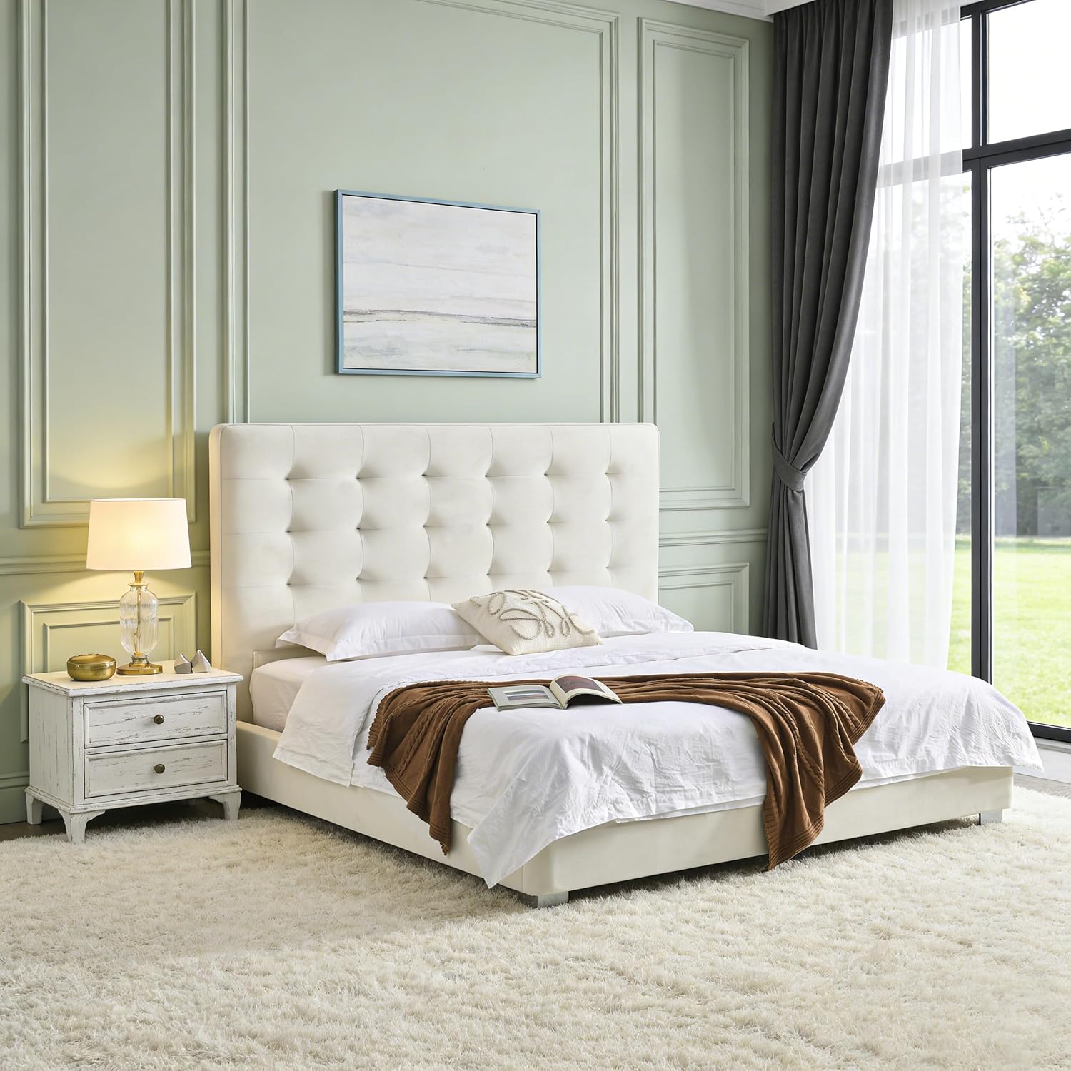 Queen Size Bed Frame Upholstered Platform with Button Tufted Velvet Breathable Headboard Stainless Steel Legs, No Box Spring Needed, Easy Assembly, Cream White | Breathable, Button Tufted Velvet, Headboard, Solid Wood Slats, Stainless Steel Legs, No Box Spring Needed