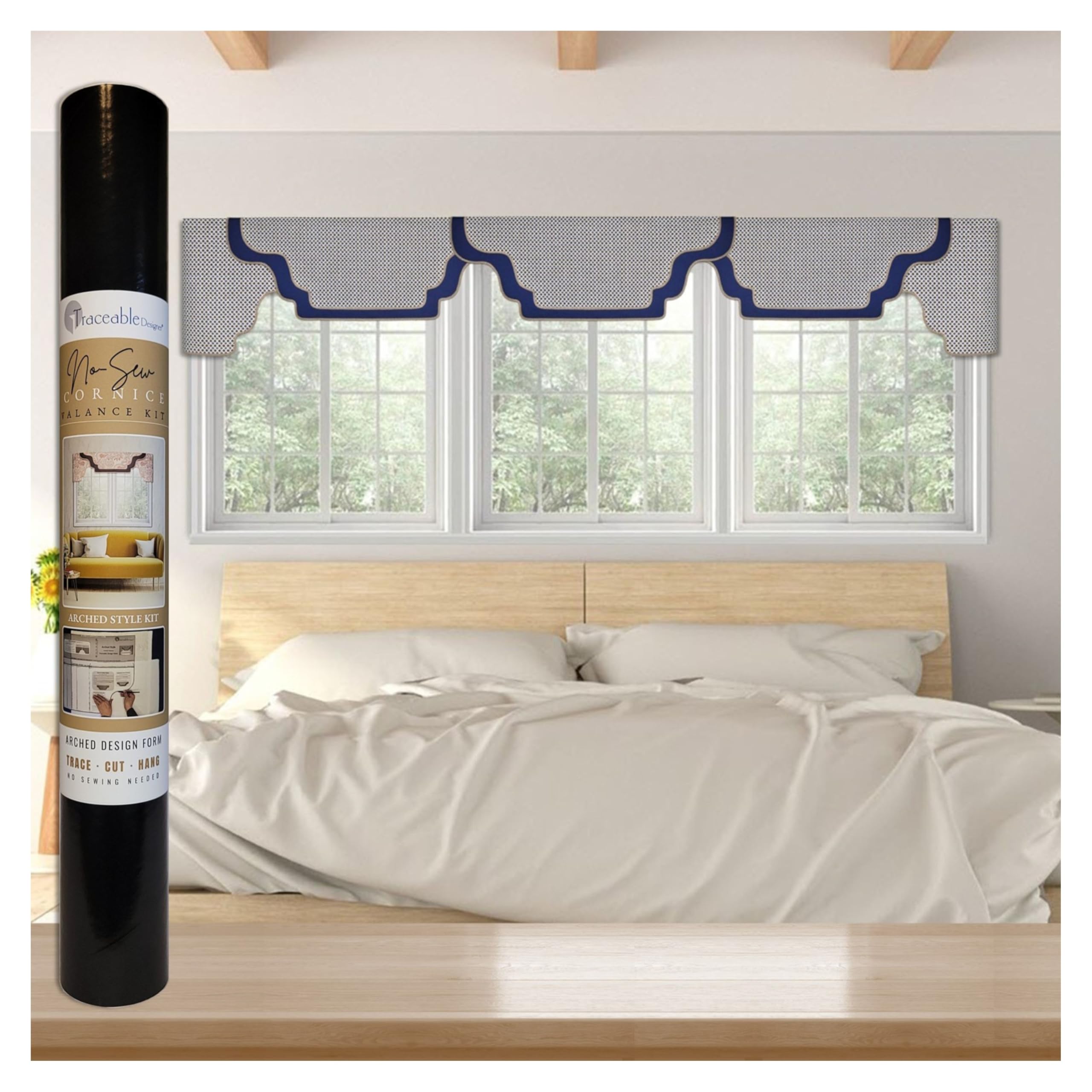 No-Sew Arched Cornice Valance Kit, Patented No-Sew Trace-Cut-Hang Design Form for Precision Shaping Without a Sewing Machine, Creates Tailored Window Toppers, Fits Curtain Rods