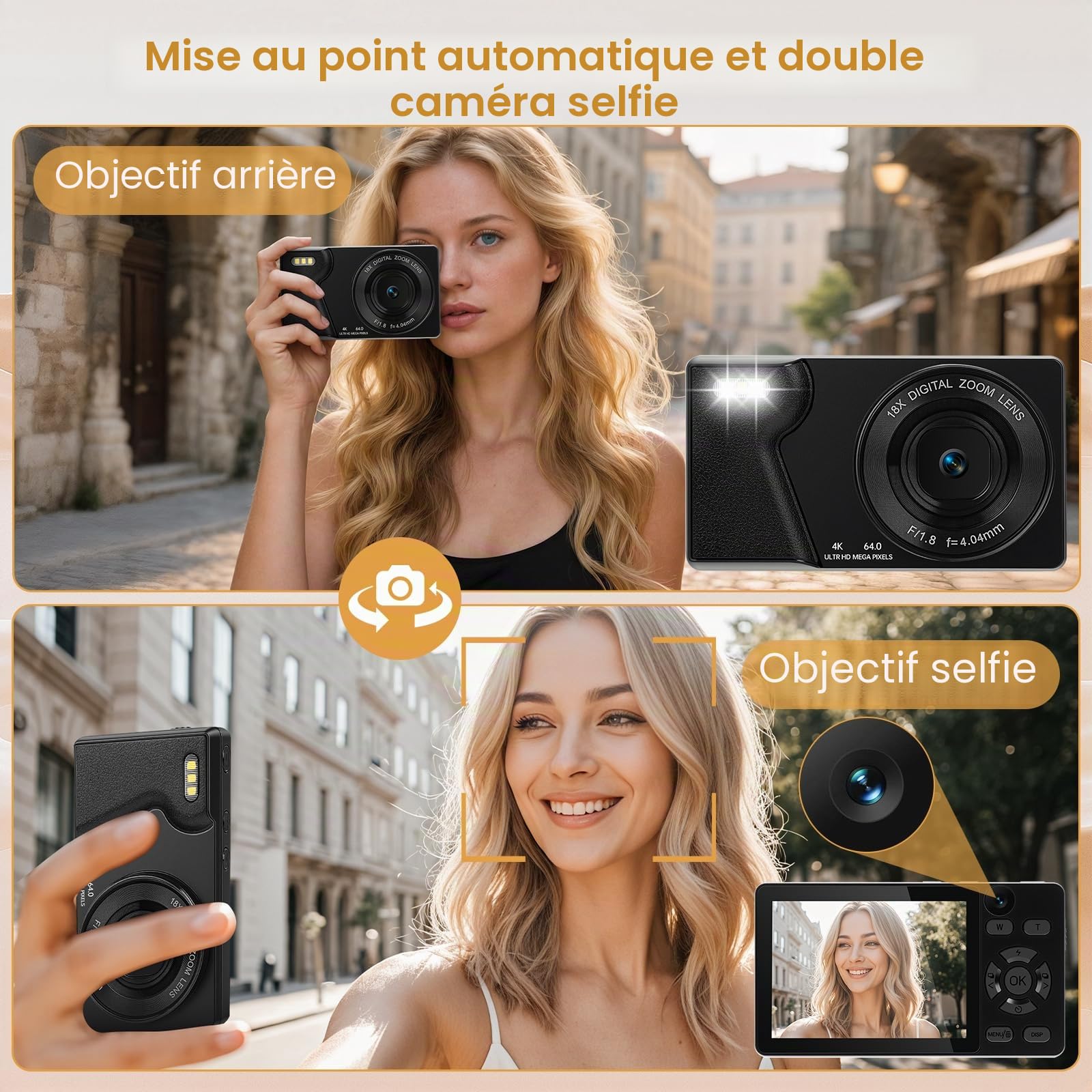 Appareil Photo Numérique 4K 64MP avec Double Caméra Avant et Arrière, Appareil Photo Compact Portable, Zoom Numérique 18X, Écran 2,8 Pouces, Carte 32G pour Enfants, Adolescents (Noir)