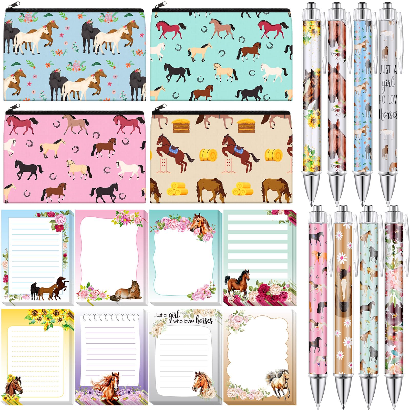 Eaasty 20 Pieces Horse Gift Set Sticky Notes with Pens, Pencil Bags Makeup Bags Animal Lover Gift, 3 x 4 Inches Cute Note Pads, Funny 1.0 mm Ballpoint