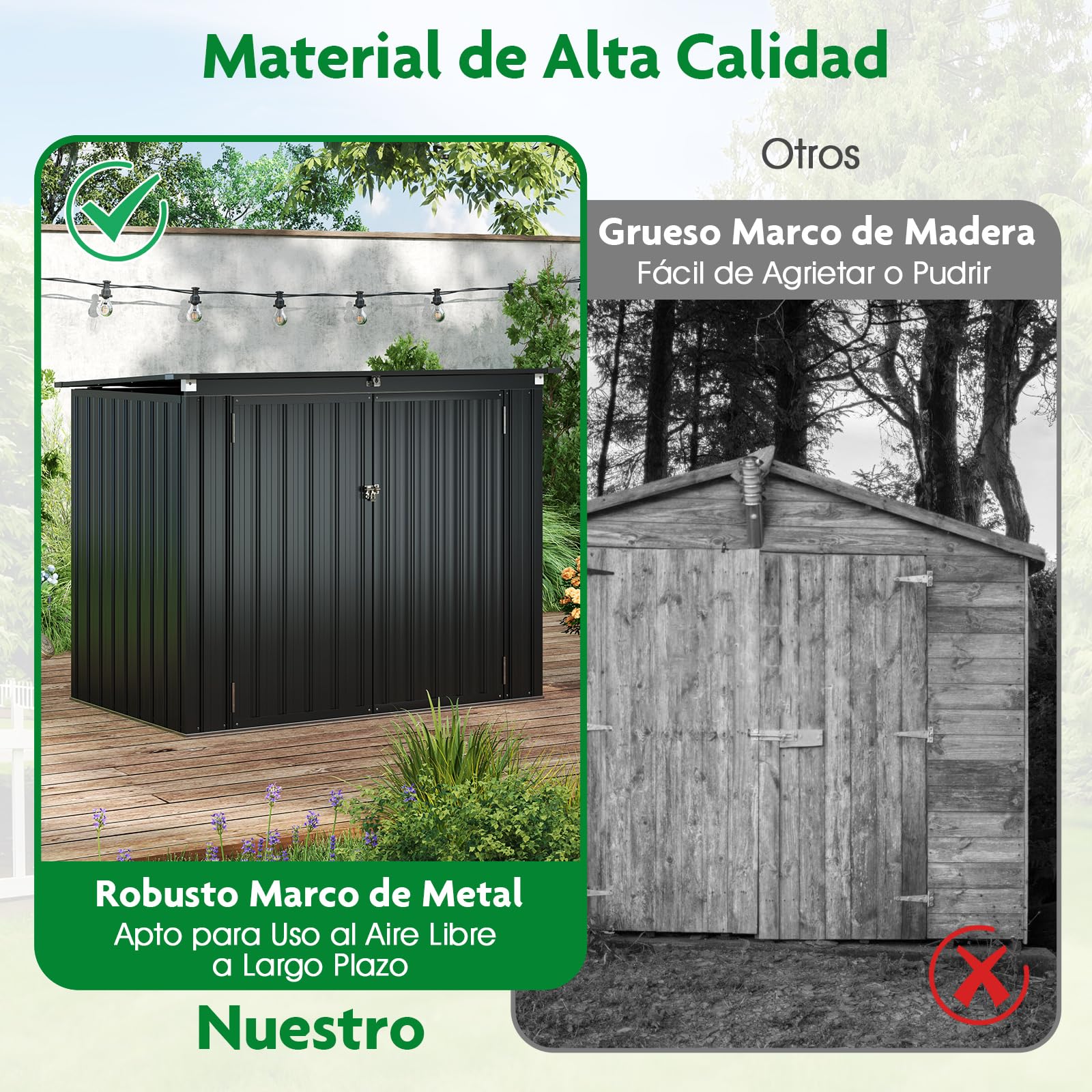 COSTWAY Caseta Jardin Exterior 1,5 ㎡, 2260L, 172x95,5x130 cm, Cobertizo Jardin Exterior, Tapa Abatible y 2 Puertas con Cerradura, Metal, Pistones de Gas, Techo Inlinado, Contenedores de Basura (Gris)