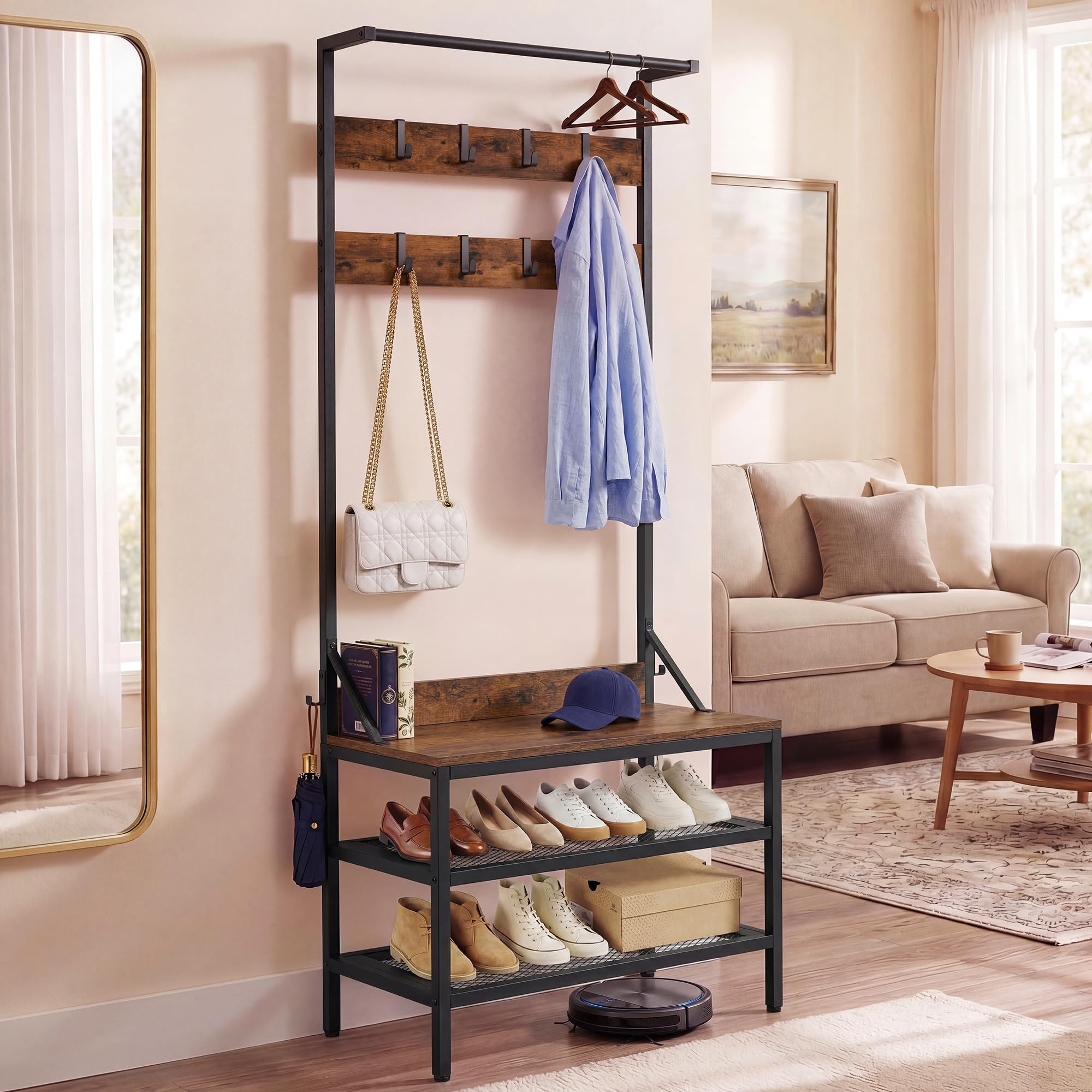 YITAHOME Coat Rack Stand with Shoe Storage, Freestanding Hallway Unit with 2 Shelves, Industrial Coat Stand with 9 Hooks for Hallway Living Room Bedroom, Metal Frame, Black