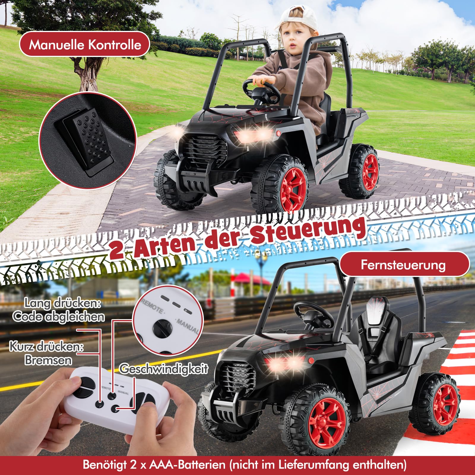 COSTWAY Samochód elektryczny dla dzieci, 24 V UTV z pilotem zdalnego sterowania 2,4 G, pojazdy elektryczne z muzyką, klaksonem, radiem i diodami LED, samochód elektryczny dla dzieci od 3 lat (czarny +