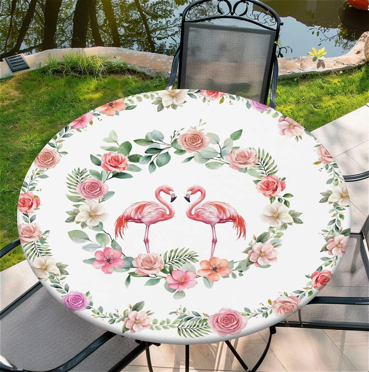 Round Table Cloth with Elastic Edge 36 Inch– Waterproof Non-Woven Fitted Table Cover for Indoor & Outdoor Use – Flamingoes Patterns Tablecloth Perfect for Dining, Garden & Patio Tables