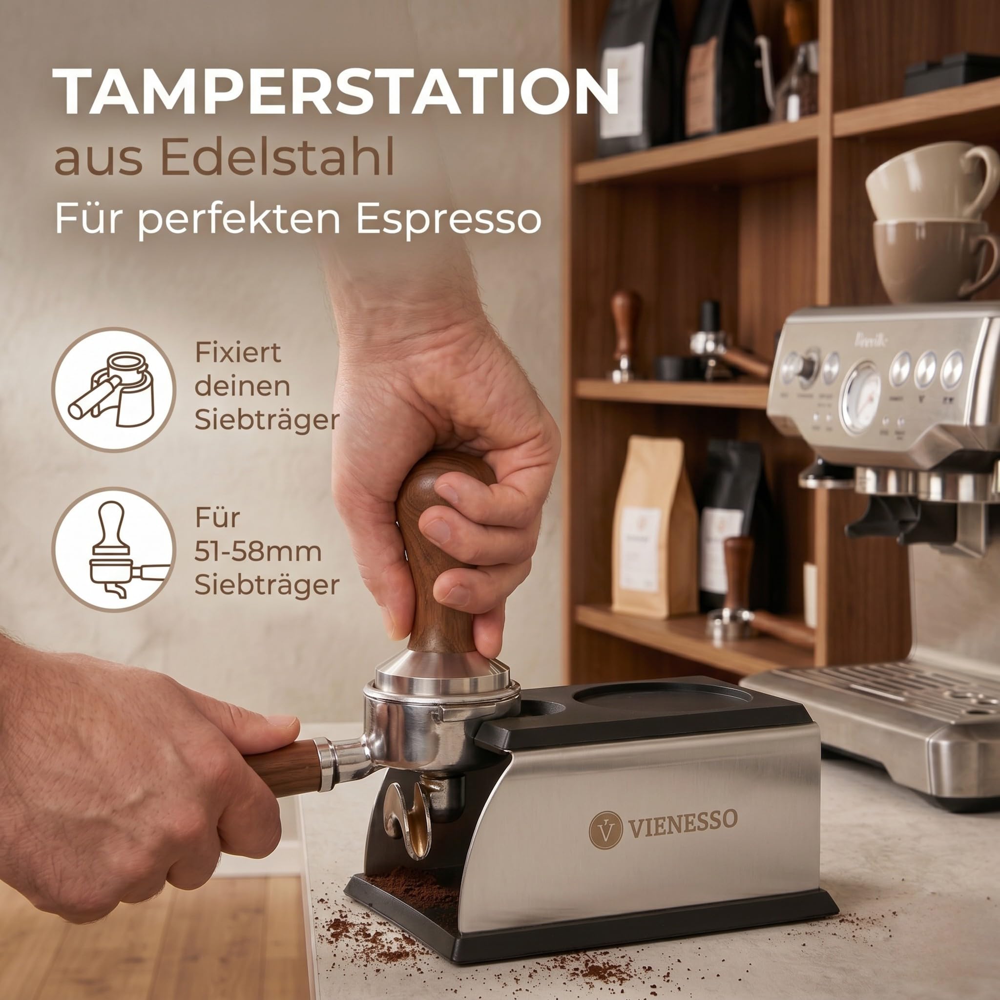 Erstklassige Tamperstation aus Edelstahl und Silikon - die perfekte Tamping-Station für alle Größen, Barista-Zubehör für jeden Profi, Andrückstation für Siebträger + E-Book! (14x7x6 cm)