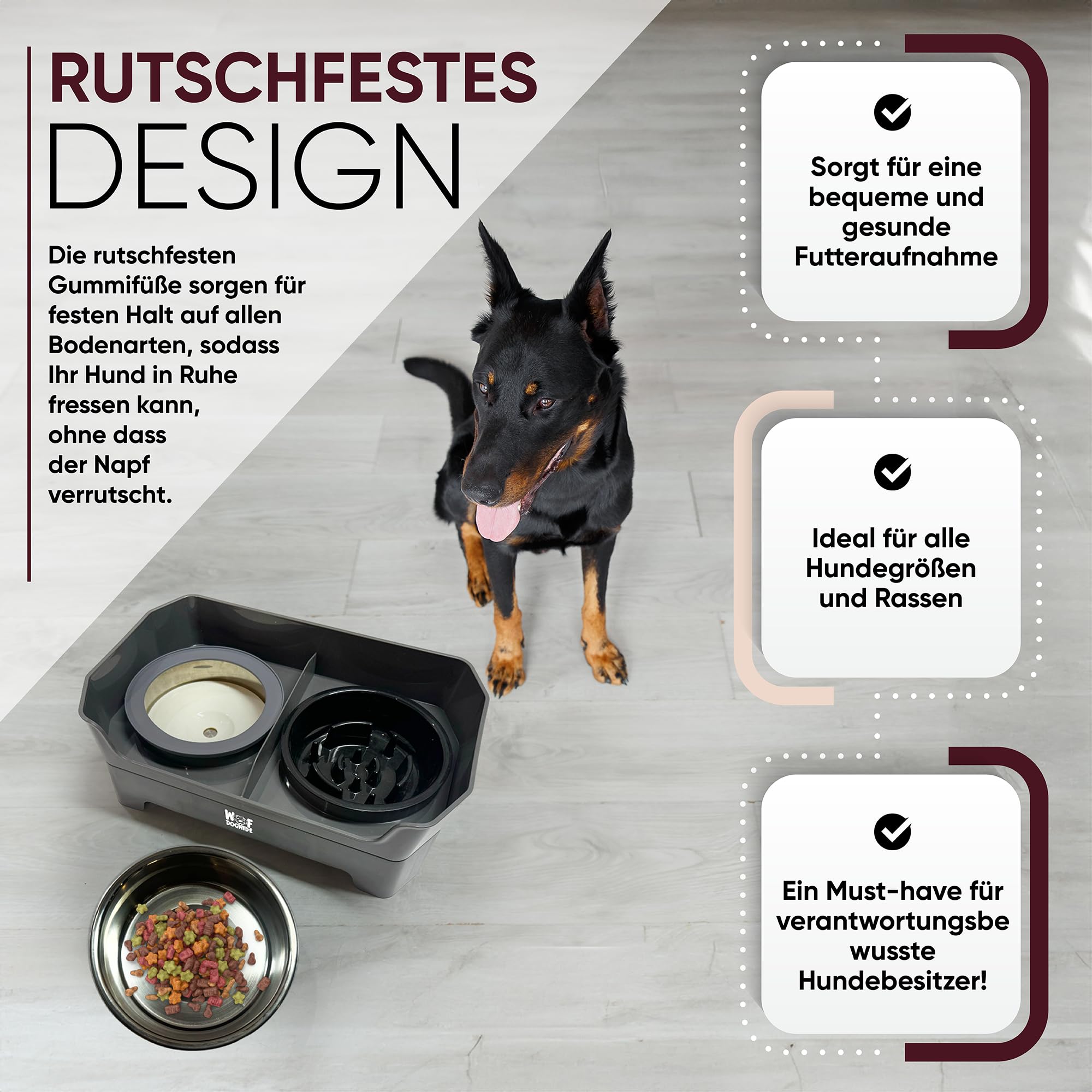 Comedero para perros elevado, comedero para perros, 2 cuencos de acero inoxidable de 1600 ml, antifugas, comedero para perros, comedero ajustable, color gris