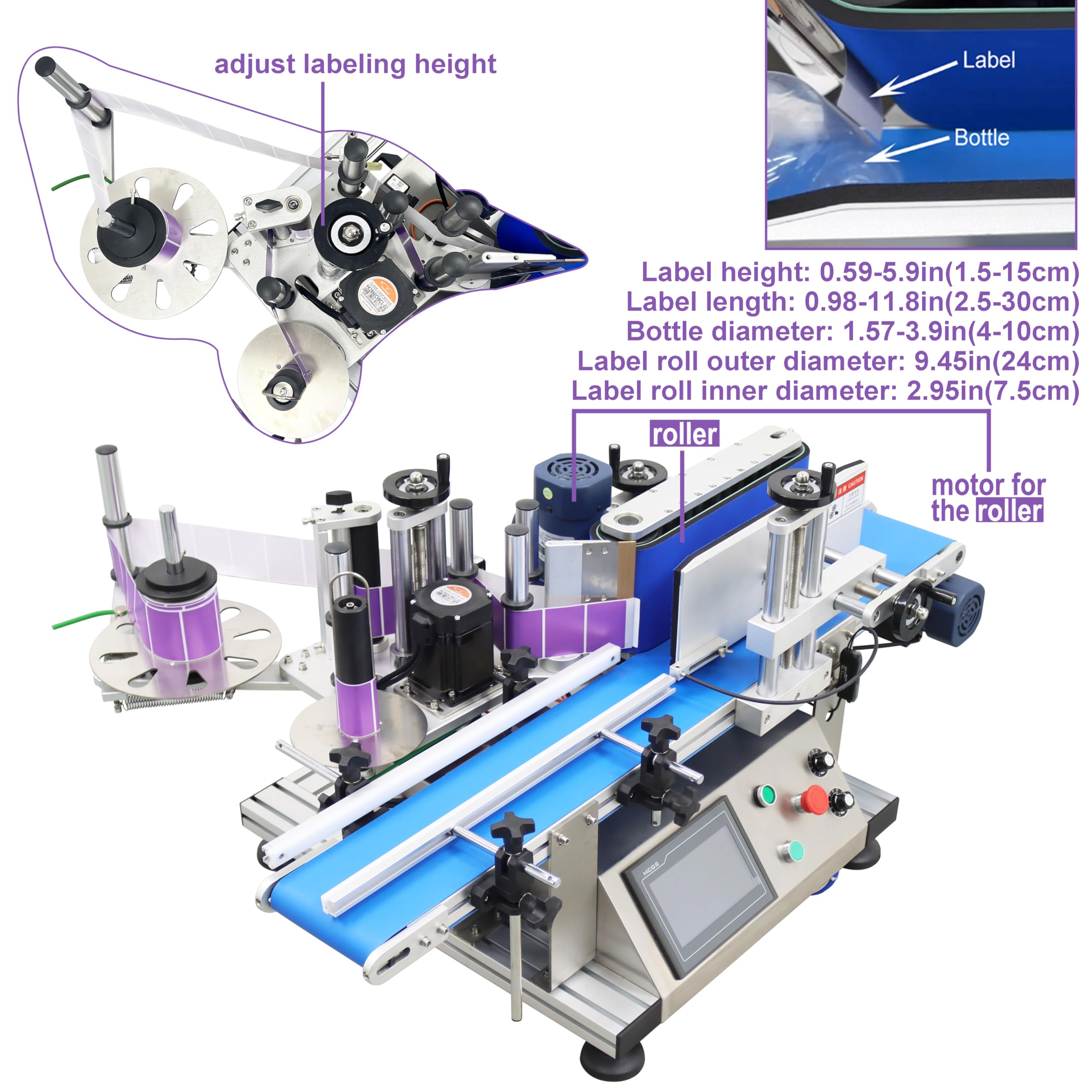 TECHTONGDA Automatic Round Bottle Labeling Machine with Conveyor Bottle Diameter 1.57-3.9inch for Paper Label Gold Label Silver Label Transparent Label