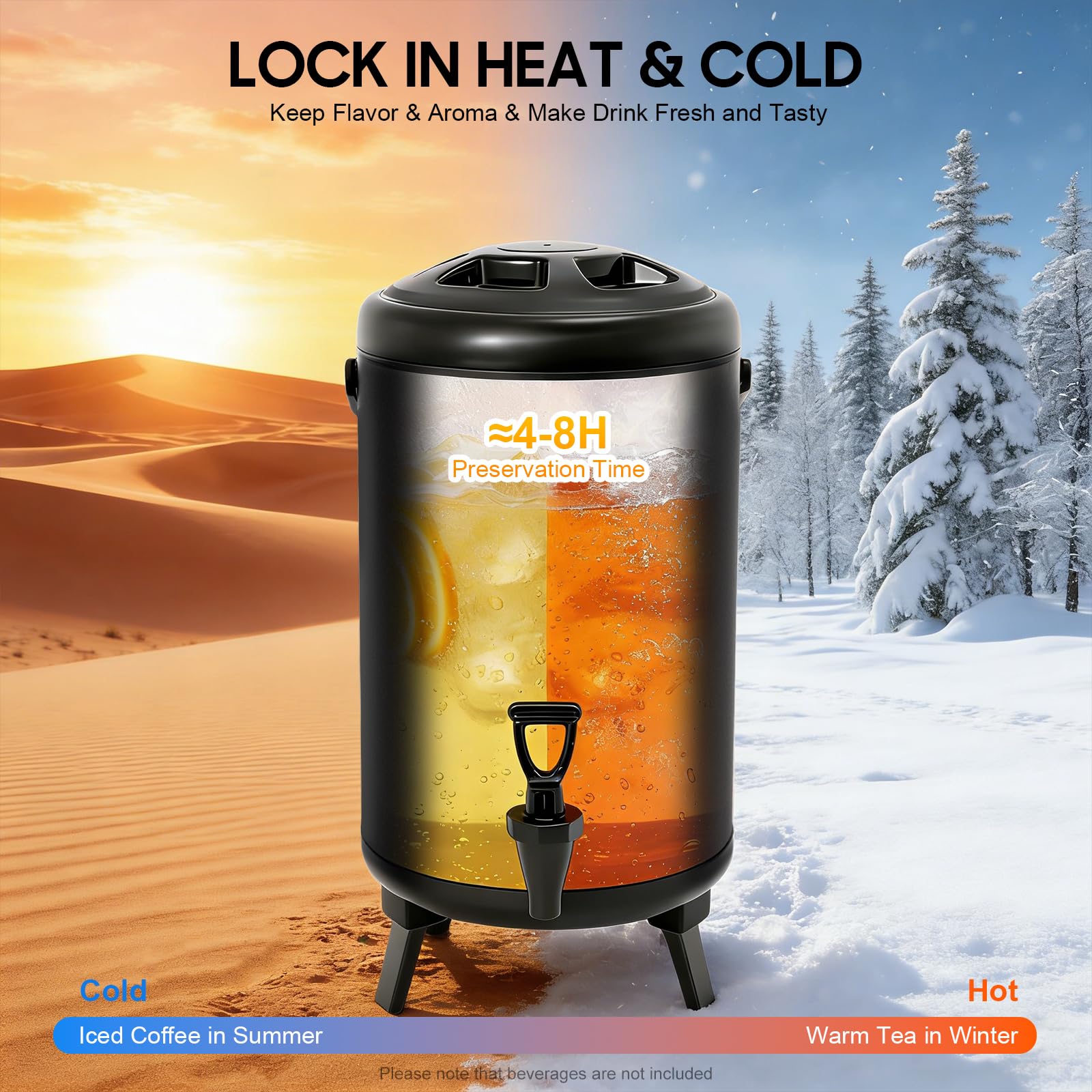 Distributeur De Boissons Isotherme 10L Fontaine À Boissons Chaudes Froides, Distributeur Jus Café Thé Acier Inoxydable Noir, Conservation 4-8H Avec Robinet Récipient Isotherme Pour Boissons