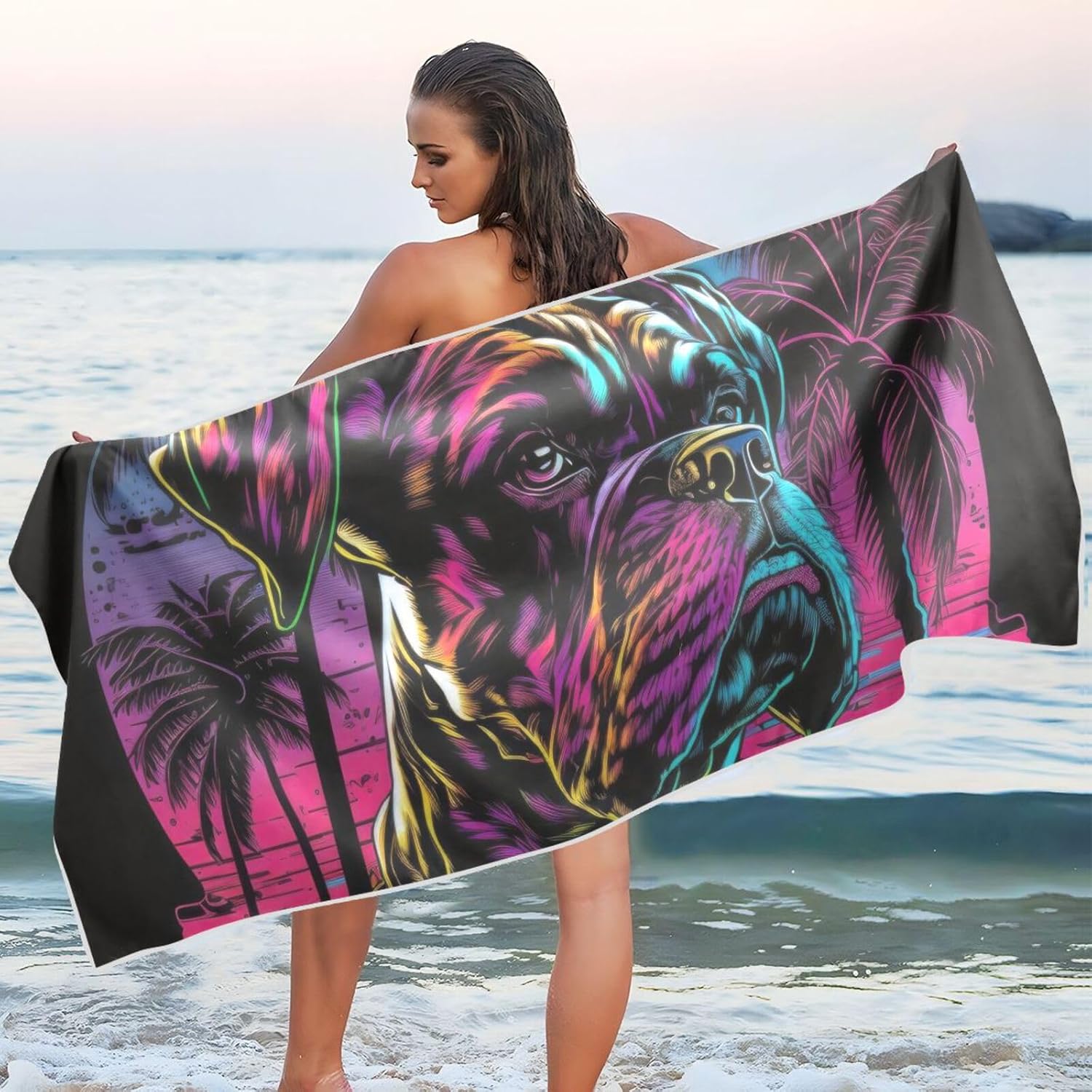 Vnurnrn 80s Style Boxer Dog Quick Dry Beach Towel Oversized for Men Women - Large Size Portable Sandproof Beach Blanket for Multiple Uses