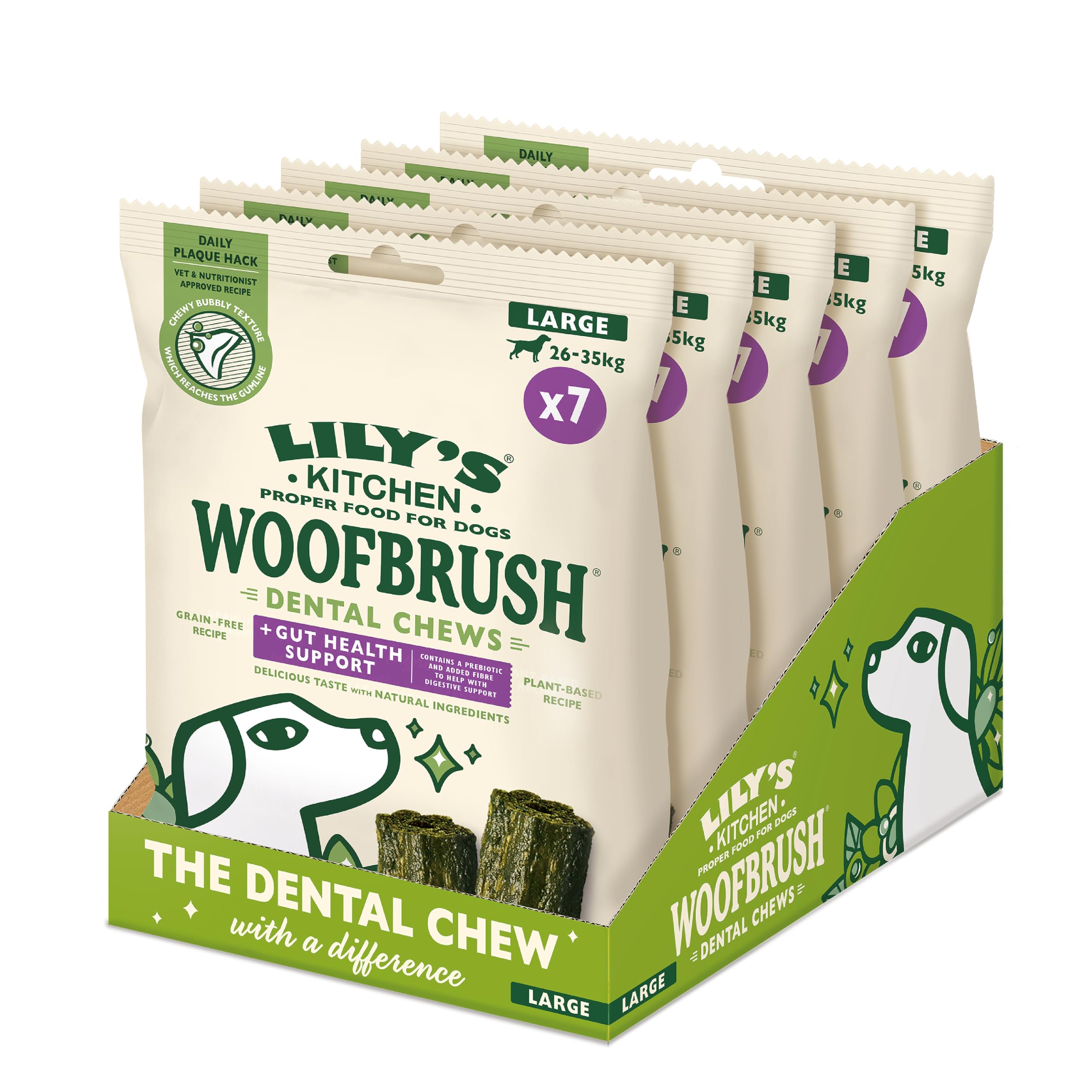 Lily’s Kitchen Woofbrush Gut Health Support Large Dental Dog Chew, Adult Dog 5xPacks(329g), Grain-free Recipe, With Natural Ingredients, for Large Dogs