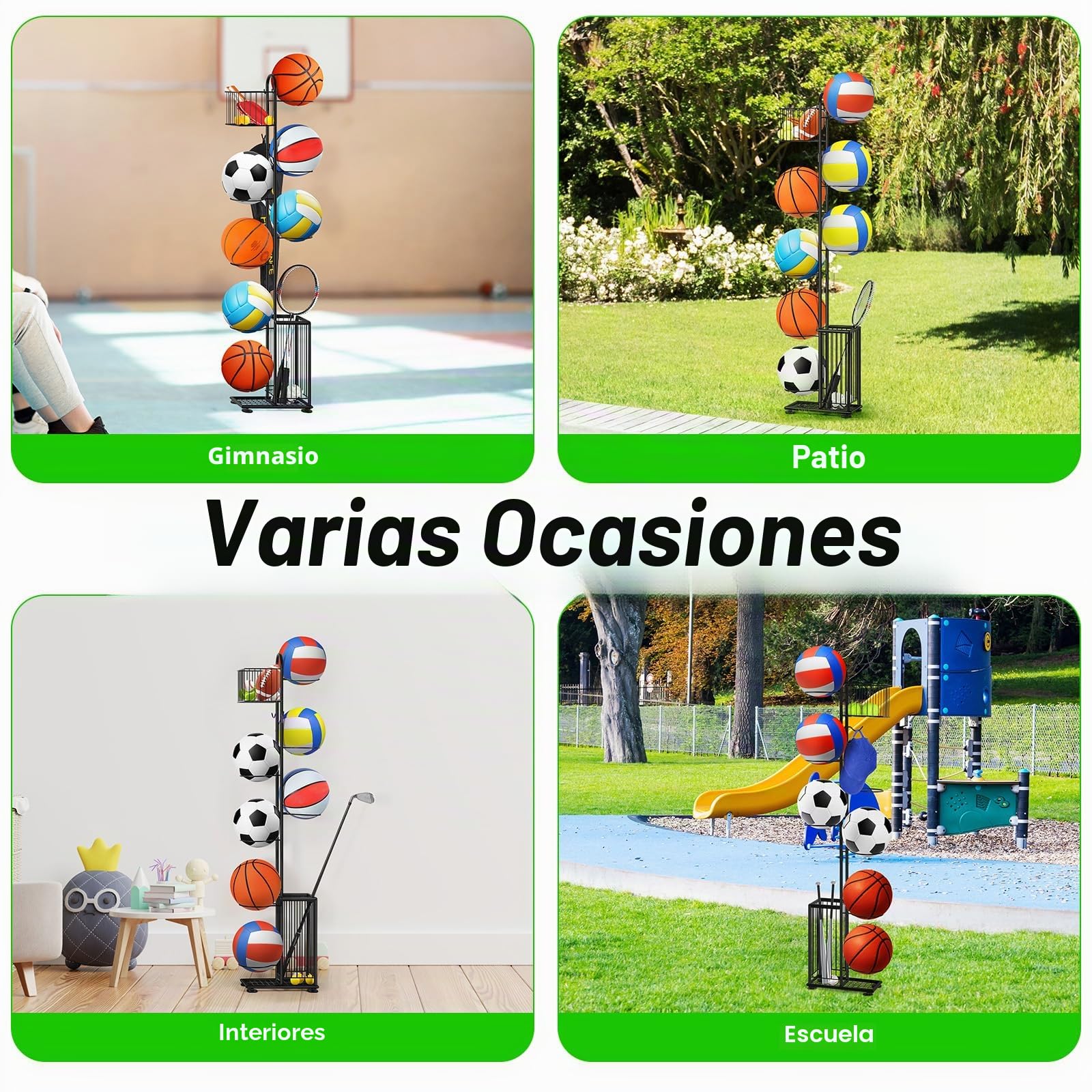 Soporte para bolas 7 niveles, estantería de almacenamiento vertical para baloncesto, fútbol, rugby, voleibol, fútbol (Negro)