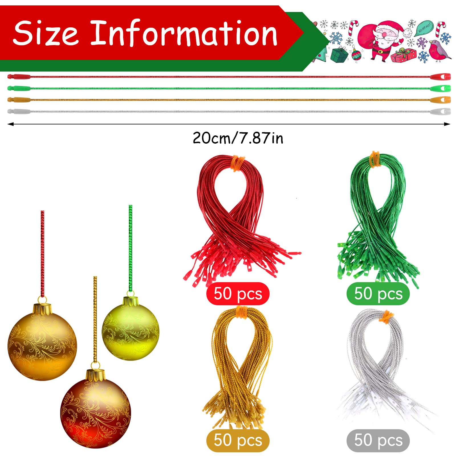 200pz Corde Appendiabiti per Ornamenti di Natale, Cordino per Ornamenti Natalizi Corde con Chiusura a Scatto per Decorazioni Appese all'Albero di Natale, Forniture per Feste (Rosso, Verde