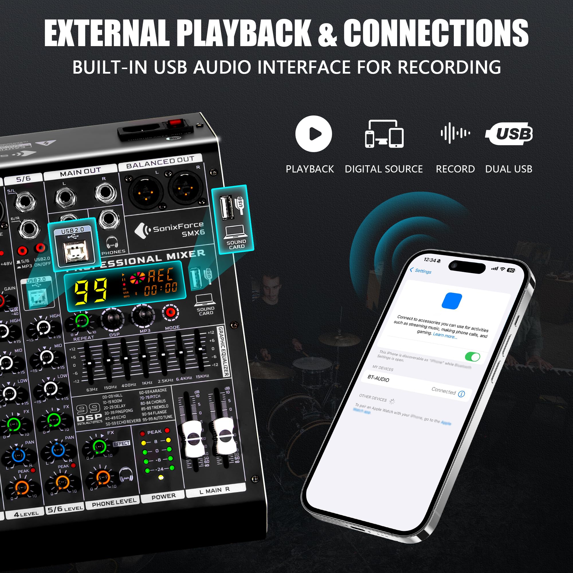 Table de mixage professionnelle 6 canaux Interface numérique USB MP3 Entrée 48 V Phantom Power Stereo DJ Studio FX Châssis en acier, noir Bluetooth USB Audio Mixer pour PC