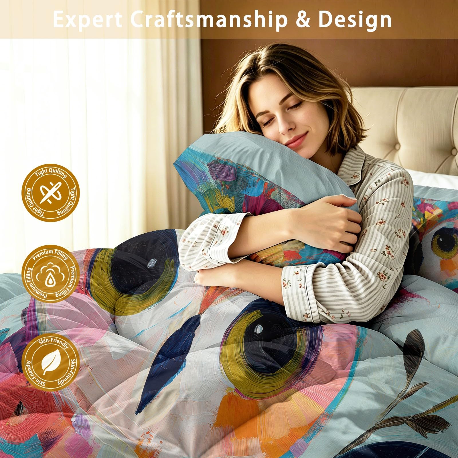 Bettdecke 135x200 cm 4 Jahreszeiten Boho Schick Eule Blumen Steppdecke Atmungsaktiv Ganzjahresdecke Blau-Grün Waschbar mit 2 Kissenbezug