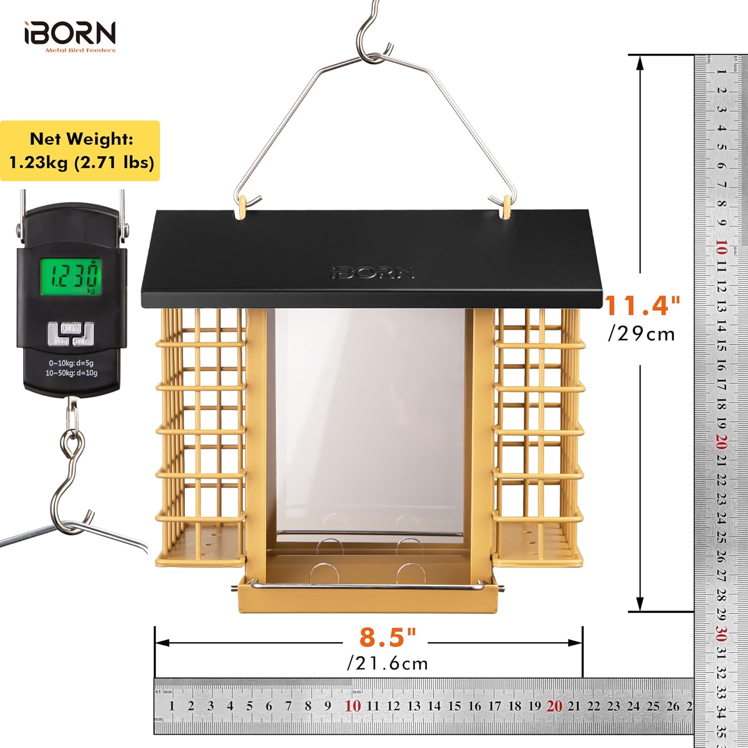 iBorn Bird Feeders for Outdoors,Bird Feeder with Double Suet Holders,Suet Feeder for Outside,Weatherproof Metal Roof,Easy to Refill&Clean,3.2 LBs Seed Capacity+2X Cakes,1 Pack,Black Roof & Yellow Grid