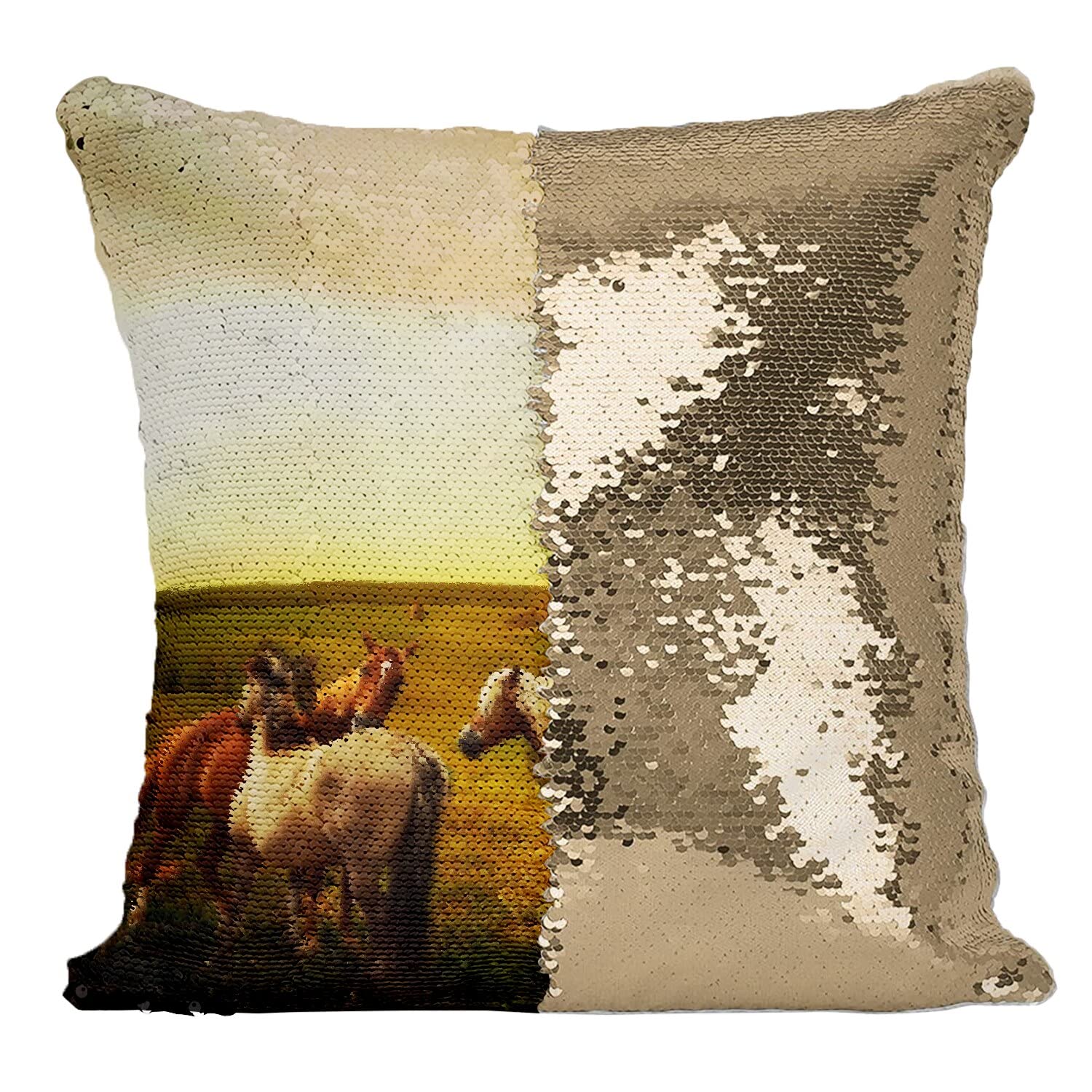 Coussin chevaux dorés pour décorer un salon nature et chaleureux