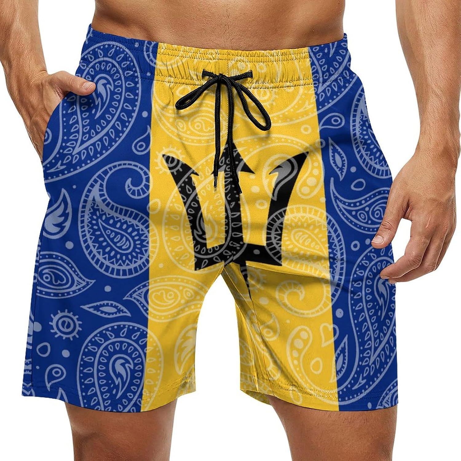 Paisley and Barbados Flag Paisley Pattern Casual Men's Swim Trunks Novelty Summer Beach Shorts Swimwear with Pocket