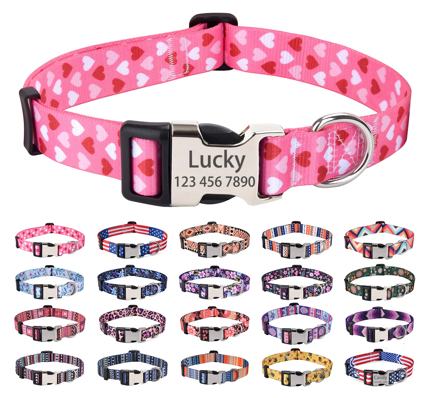 Mihqy Personalized Dog Collars, Customized Dog Collar with Name and Phone Number, Multiple Patterns & 4 Sizes Floral Geometry Dog Collar for Puppy Small Medium Large Dogs(Pink Heart,XS) — image 1