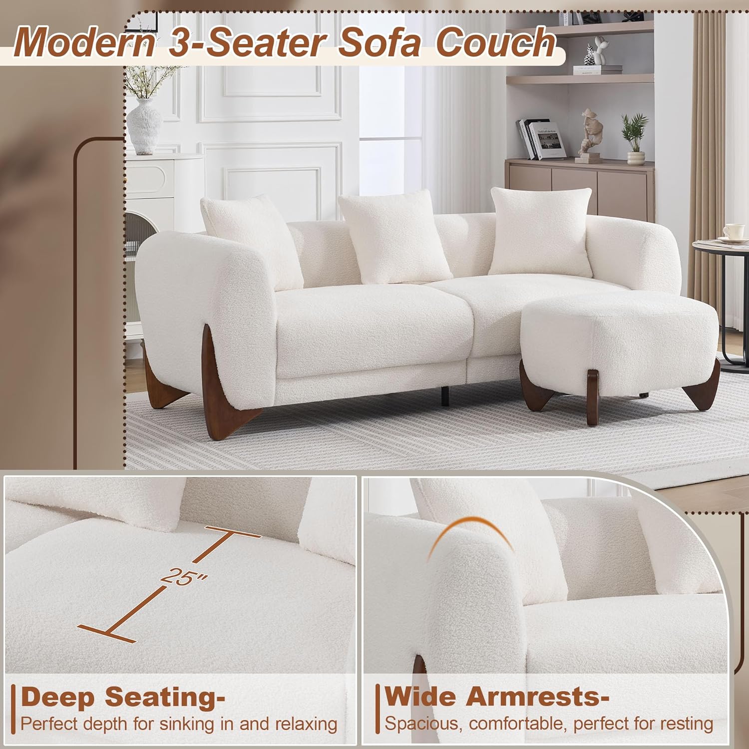 87" Sherpa Boucle Cloud Couch with Ottoman, Modern 3 Seater Sofa with Solid Wood Legs 25" Extra Deep Seat Comfy Thick Cushion Upholstered Sofa Couches with 3 Pillows for Living Room, White